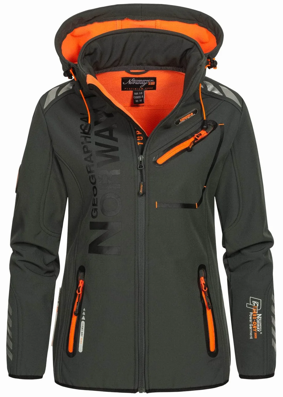 Geographical Norway Reine Lady - Chaqueta Softshell Mujer Impermeable Capucha - Abrigo Polar Cortavientos - Cazadore Aire Libre Deporte Esquí Invierno Primavera (Gris Oscuro Naranja M)