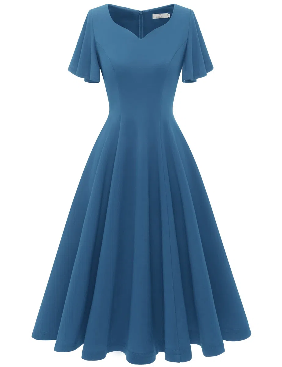 HomRain Vestidos de cóctel de manga con volantes para invitados de boda, vestido de fiesta largo hasta el té