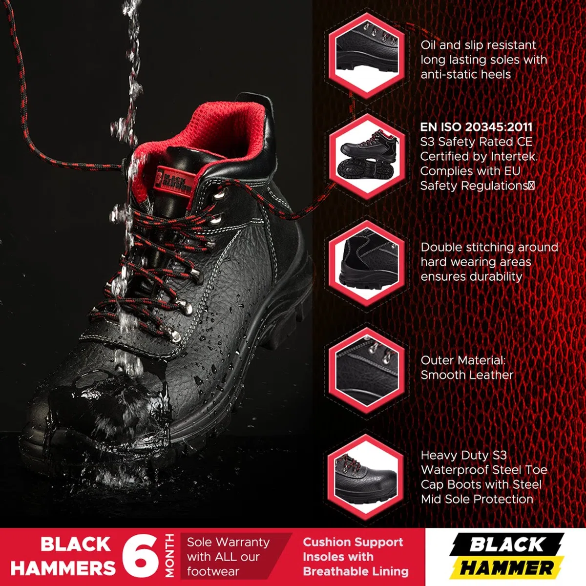 BLACK HAMMER Botas de Seguridad y Trabajo Impermeables A Base de Cuero con Puntera de Acero S3 SRC y Acabado de Ante en los Tobillos 7777 (42 EU)