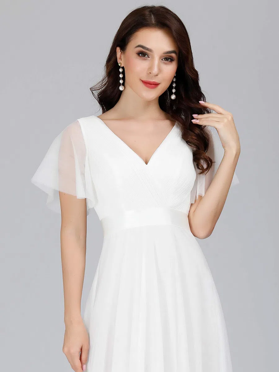 Ever-Pretty A-línea Tul Vestido de Noche Manga Corta Cuello en V Largo para Mujer 07962