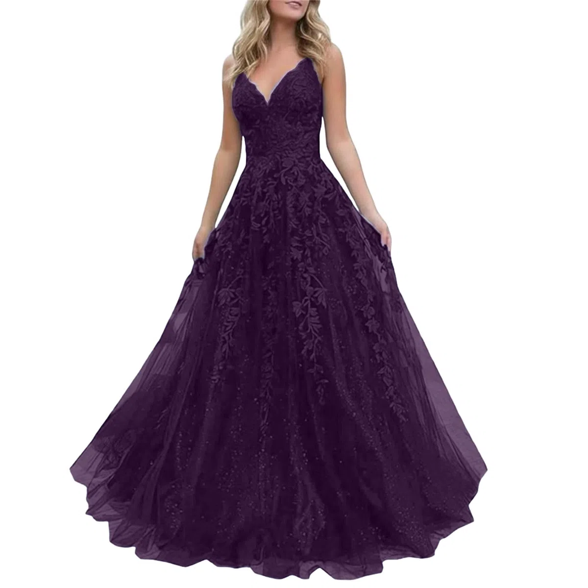 Vestido de noche largo para mujer, vestido de baile, encaje, apliques de cóctel, cuello en V, vestido de graduación, vestido de tul, vestido de fiesta, vestido de fiesta, vestido largo de encaje