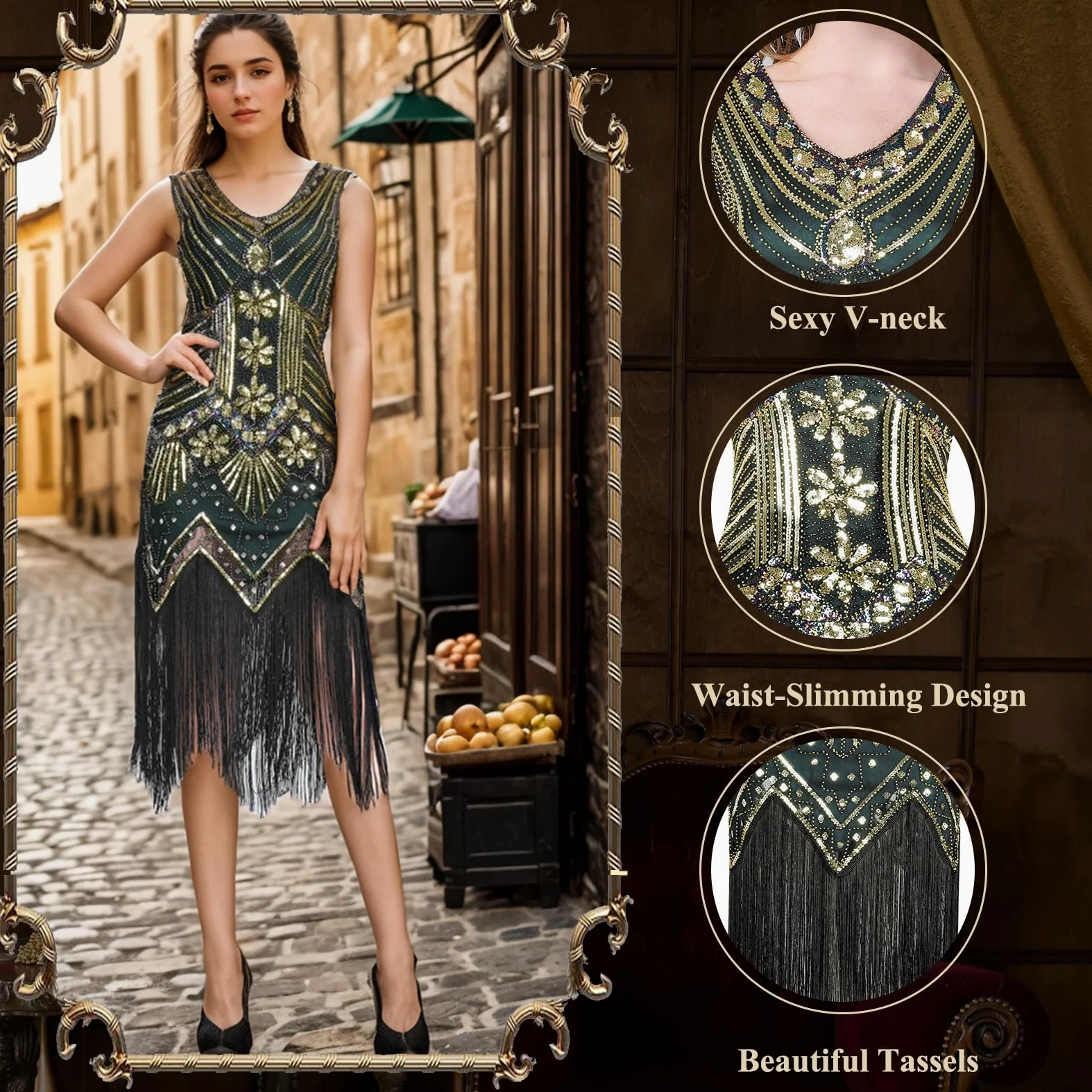 FEPITO Vestidos estilo flapper de los años 20 para mujer, vestido estilo Gran Gatsby con lentejuelas y flecos para mujer con accesorios de los años 20 (verde(estilo 3),Medium)