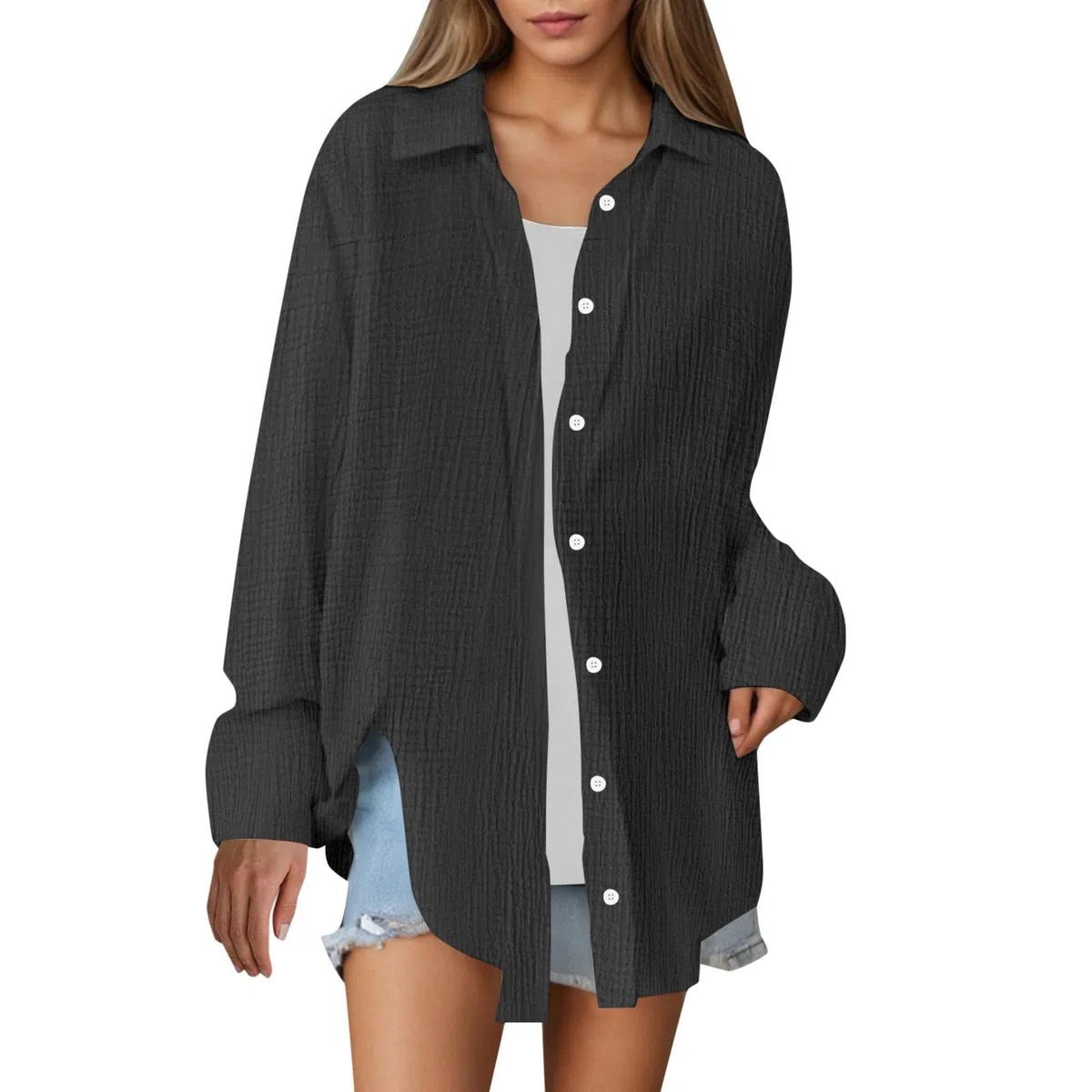 Camisa de gasa con botones para mujer, de gran tamaño, transpirable, de manga larga, con cuello, para verano, de lino, ajuste holgado, ropa de playa, trajes de algodón, estilo informal, color liso