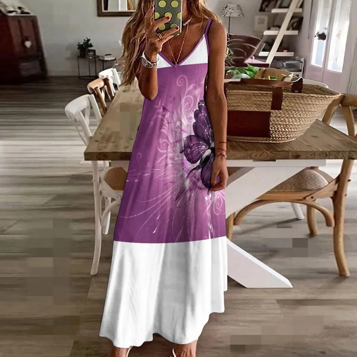 Vestido largo de verano para mujer, vestido de verano con cuello en V, tirantes delgados, vestido de playa