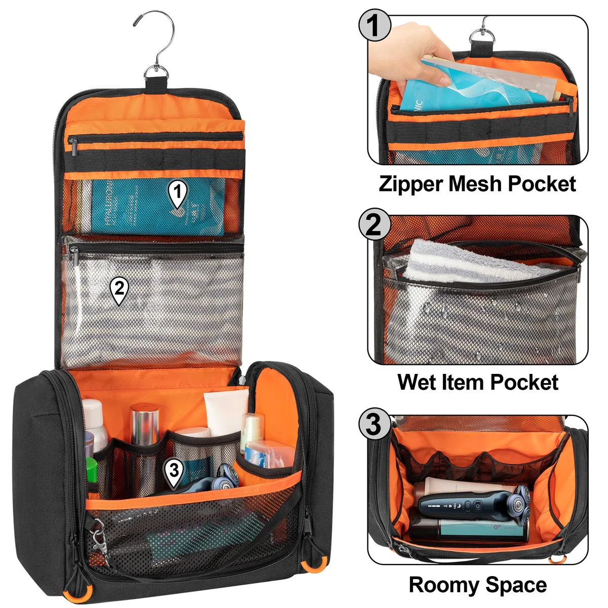 Neceser táctico de viaje para hombres, kit de aseo colgante, bolsa de higiene, organizador de ducha con gancho para artículos de tocador y cuidado del afeitado (bolsa vacía), Negro