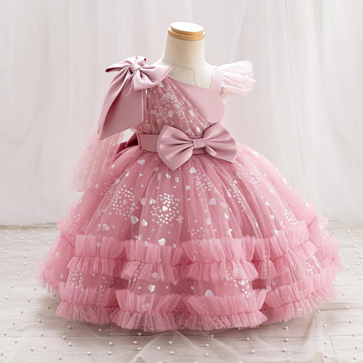 OBEEII Vestido de concurso para niñas pequeñas, vestido de tul con lentejuelas y corazón, vestido de tutú de flores para boda, princesa, fiesta de cumpleaños, vestido de graduación