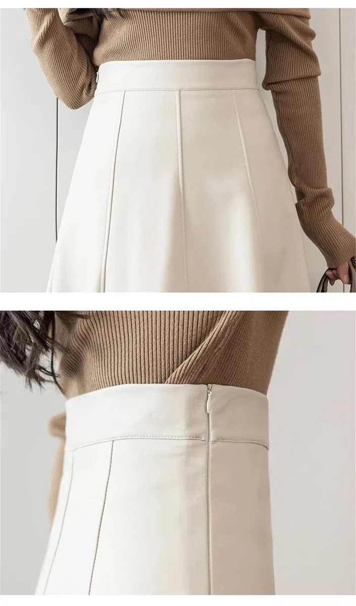 Otoño Invierno Mujeres PU Cuero Faldas Elegante Sólido Patchwork Cintura Alta A-Line Midi Falda