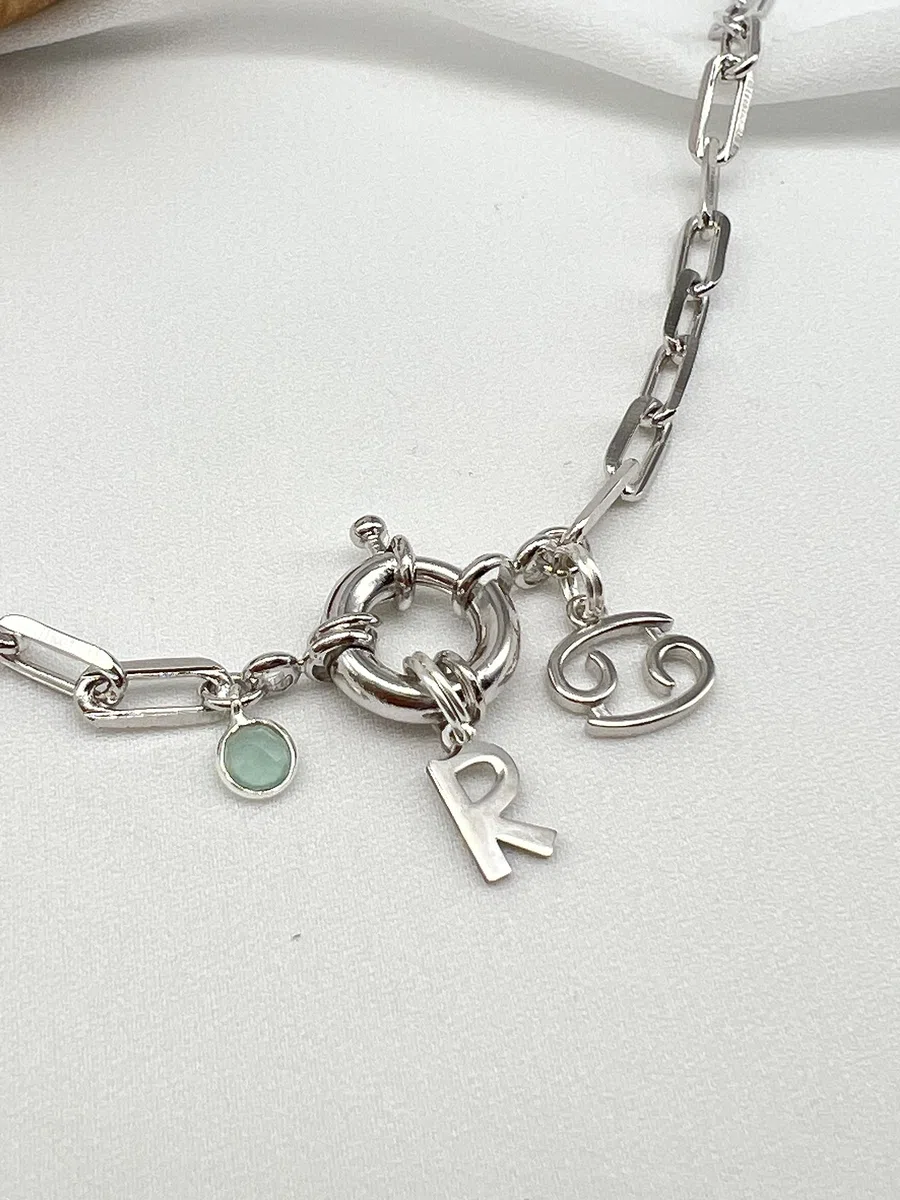 Collar Marinera Initials Zodiac, charm, letra(s) inicial(es), zodiaco en cadena de eslabones diamantados, cierre resort/reasa/marinera, piedra natural, personalizado, hand made