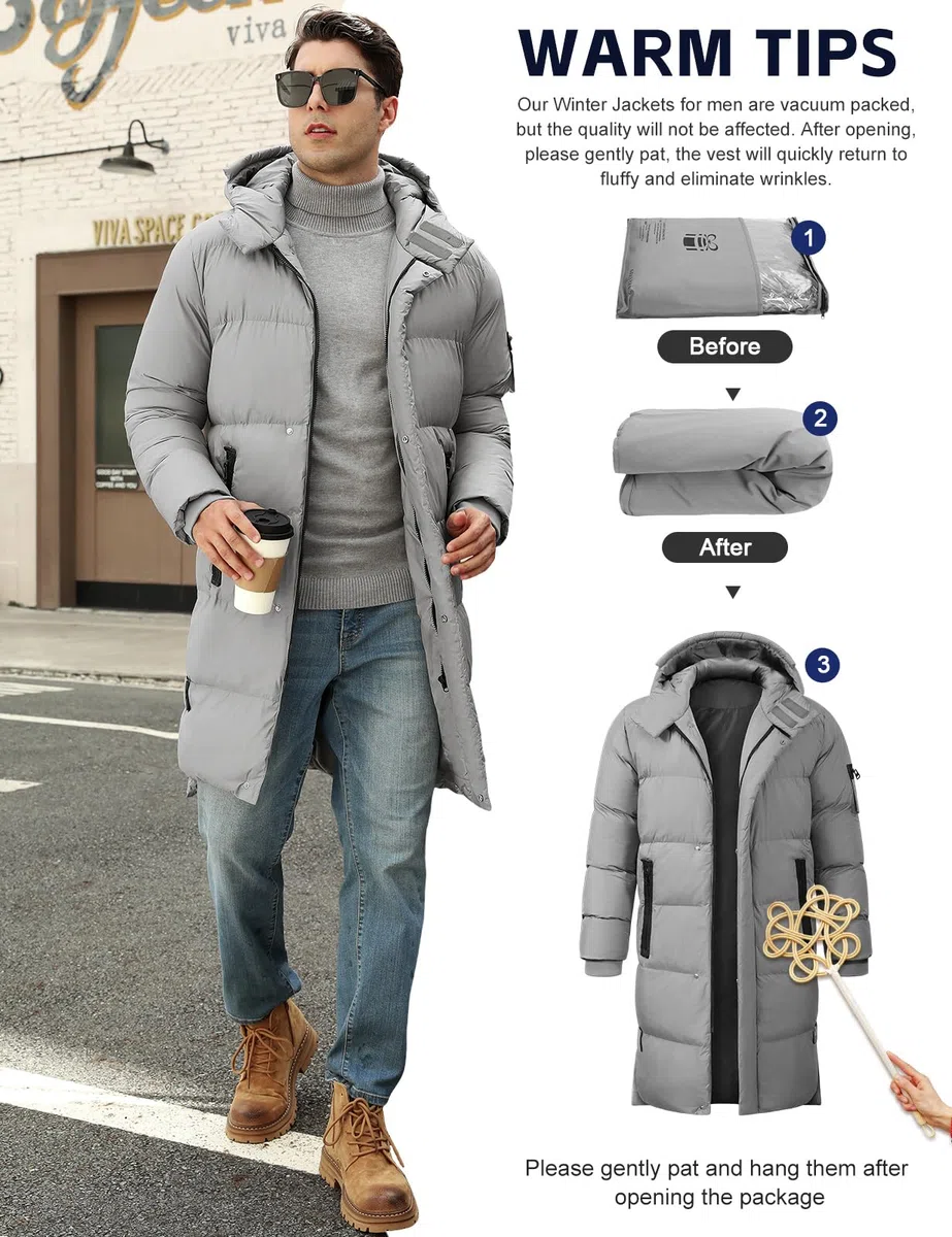 CMTOP Chaqueta Hombre Invierno con Capucha Cálido Chaqueta Acolchada Largo Hoodie Abrigo Invierno Casual Parka Cremallera Cazadora Acolchada Prueba de Viento con Bolsillos