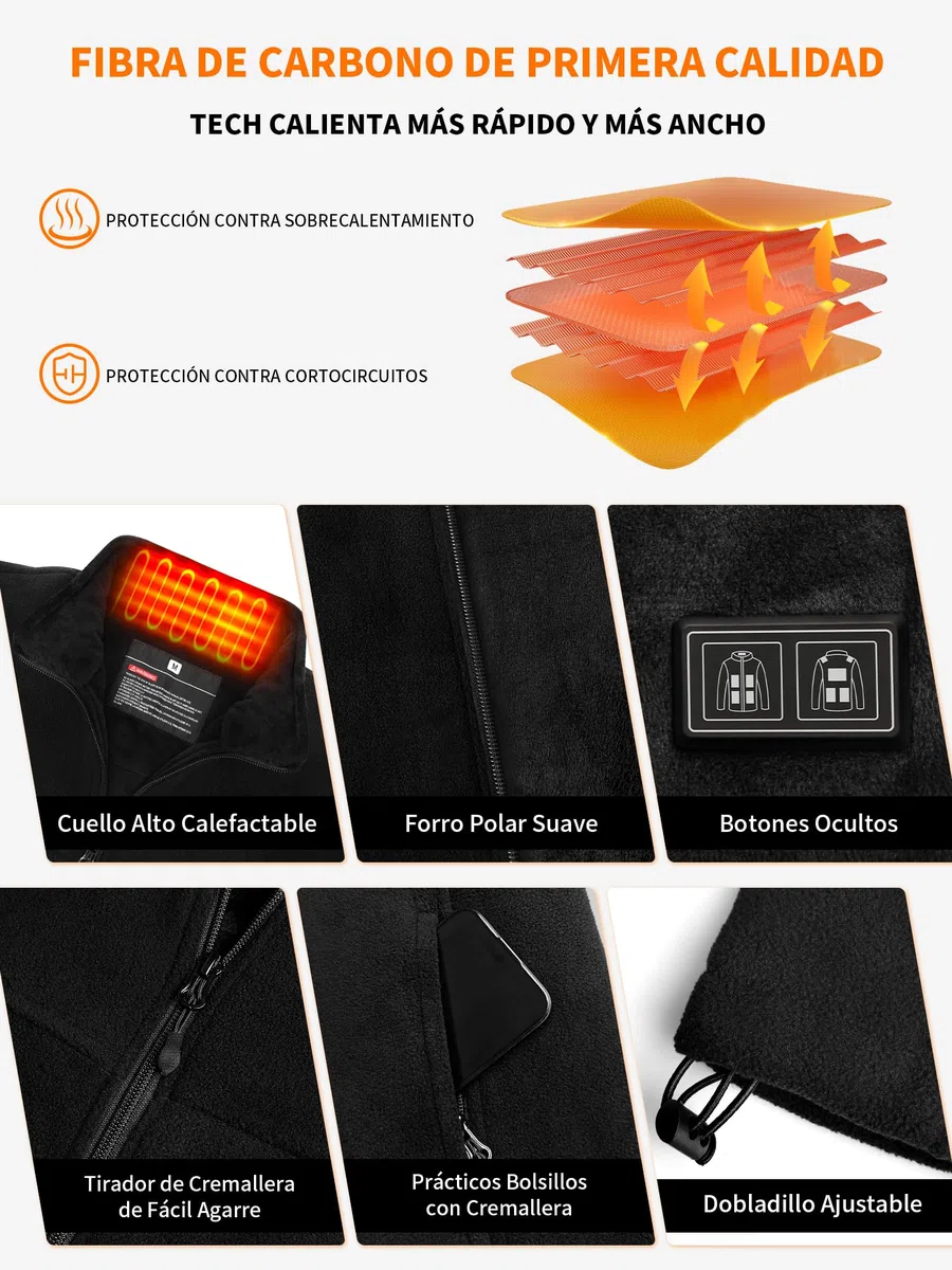Chaqueta Calefactable Hombre con Bateria 18400 mAh, Chaqueta Termica Polar Abrigo Cazadora Ropa Calefactables Hombre Chaquetas con Calefaccion Invierno, 10 Zonas de Calentamiento