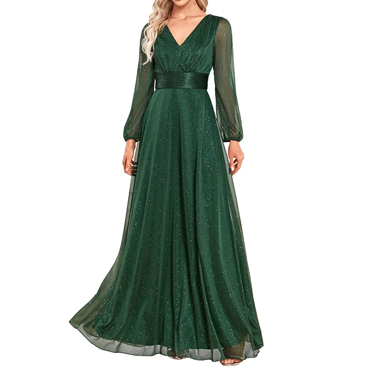 Vestido de noche para mujer, cuello en V, lentejuelas, manga larga, línea A, elegante, de gasa, vestido de fiesta, vestido de cóctel, vestido de otoño, corte ajustado, con cinturón, vestido de baile,