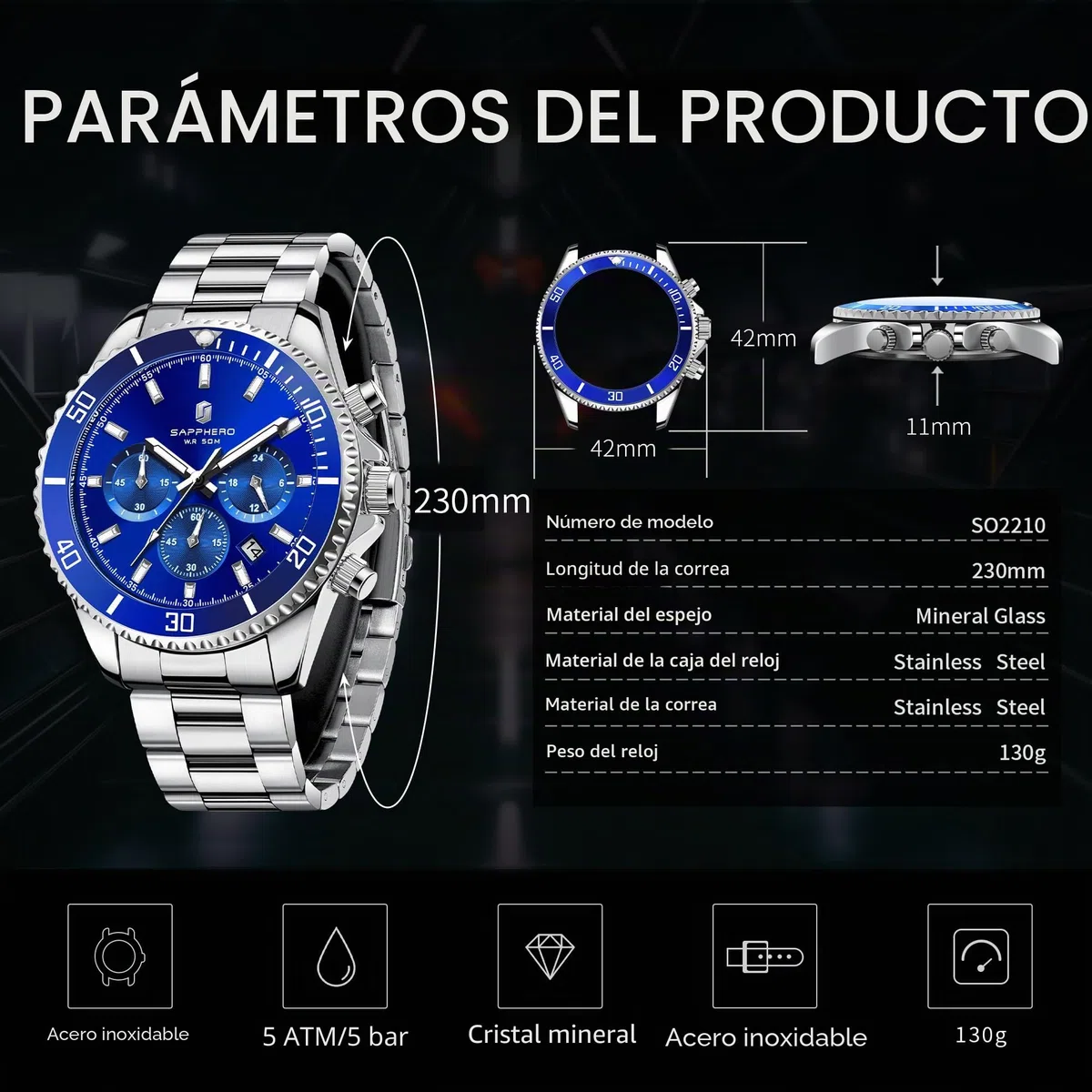 SAPPHERO Reloj Hombre Cronografo Analógico Movimiento de Cuarzo 50M Impermeable Relojes para Hombre Banda de Acero Inoxidable Clásico Casual Diseñador Relojes Elegante Regalo para Hombre