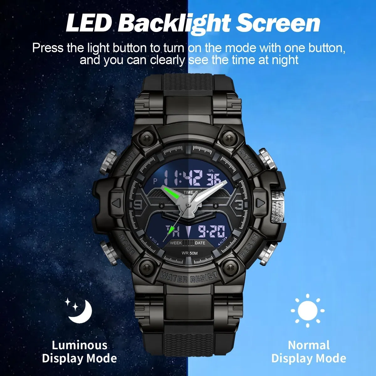 findtime Relojes digitales militares para hombre, reloj deportivo resistente al agua, esfera grande, retroiluminación LED, reloj de pulsera de 8 colores, cronómetro, alarma, reloj electrónico táctico
