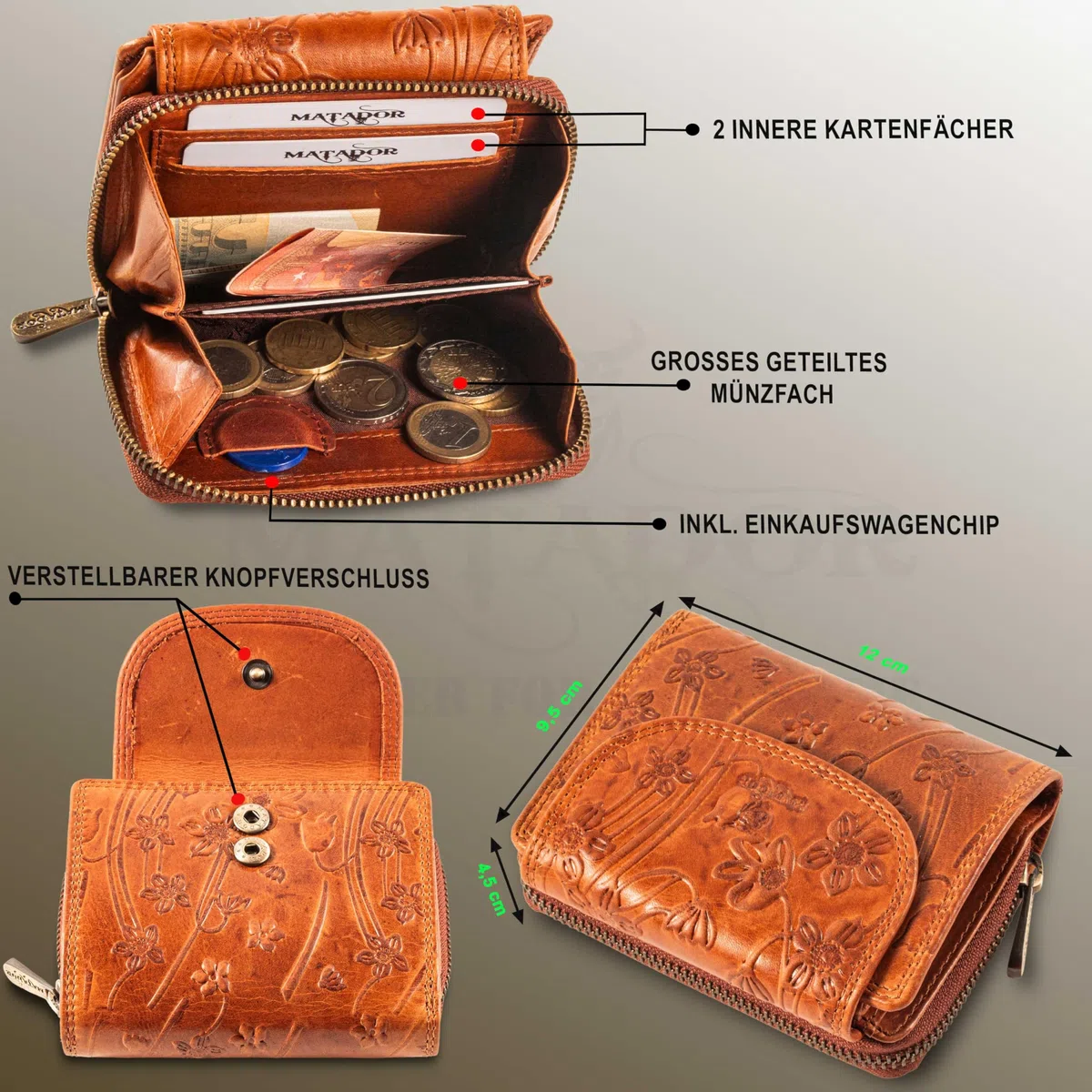 Matador Cartera de cuero genuino 3699, 12,5 x 10 x 4,5 CM, Clásico