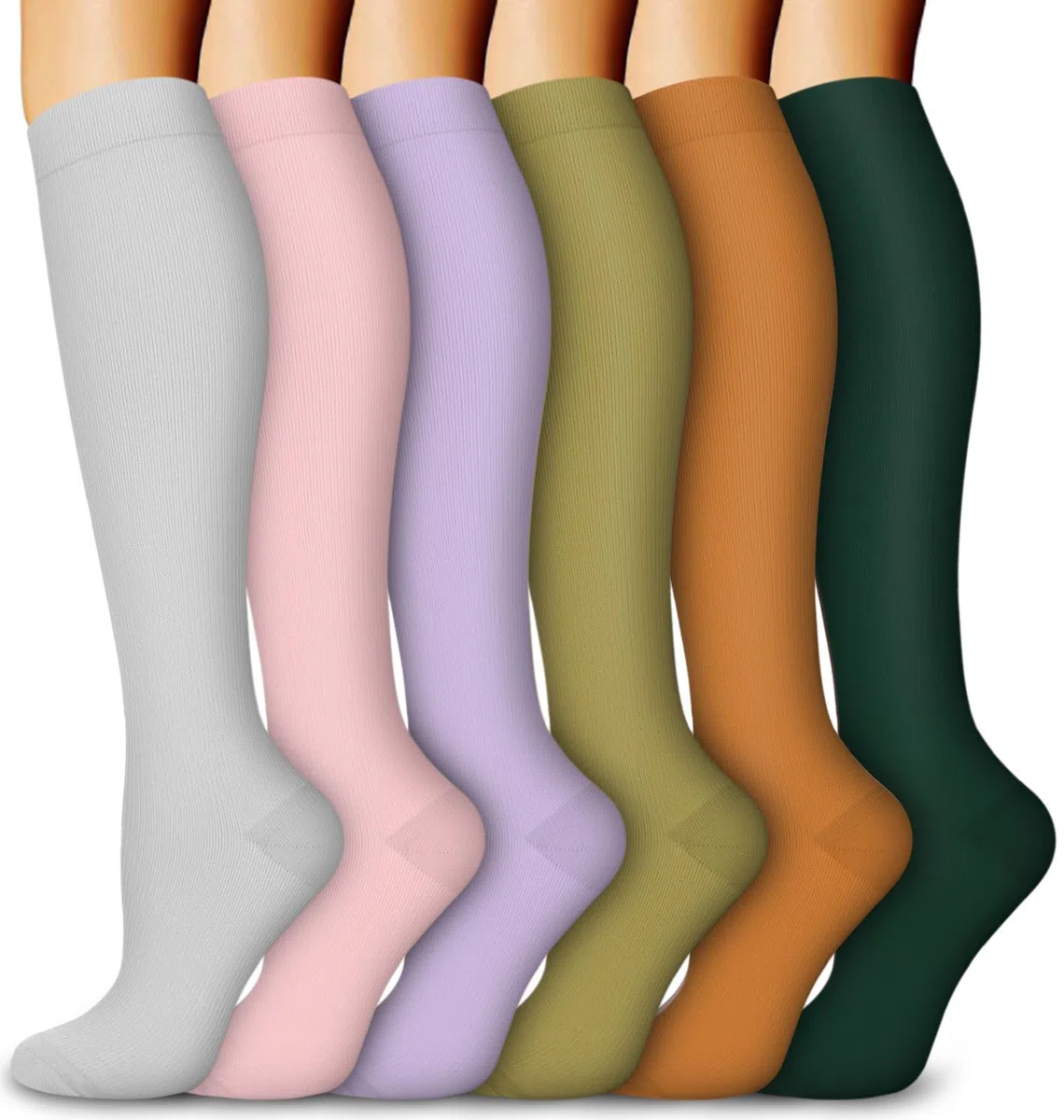 Aoliks 6 pares de calcetines de compresión para mujeres y hombres, calcetines de apoyo hasta la rodilla para enfermeras, atletismo, vuelo