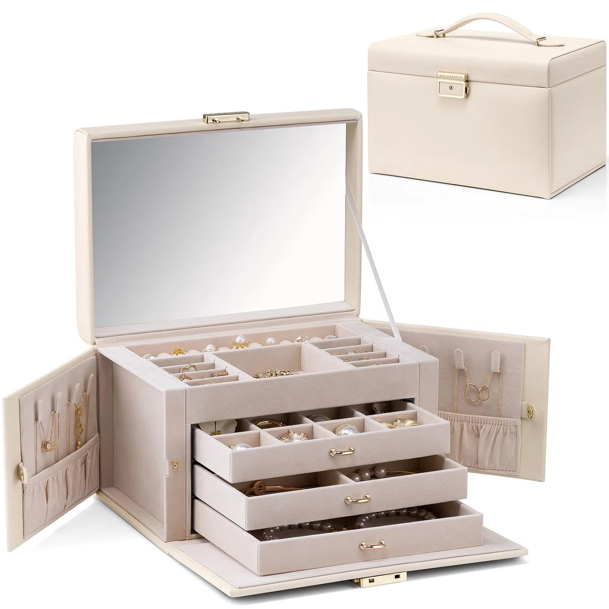 Vlando Joyero grande para mujer, caja de joyería de piel sintética de alta gama, con 3 cajones, almacenamiento de joyas con cerradura, aretes, broches, organizador de relojes (blanco pricot)..
