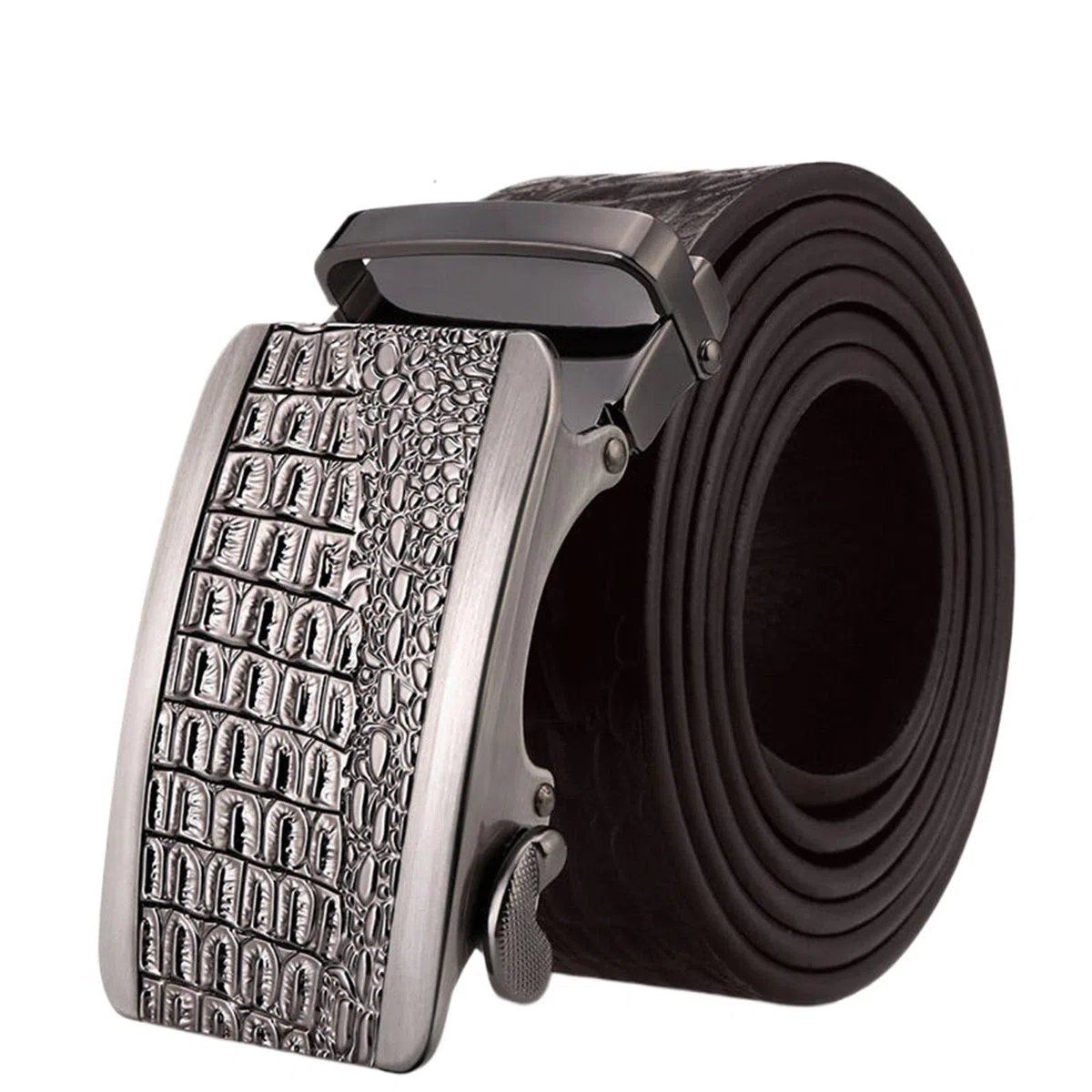 Cinturones Hombre Trinquete, Cinturones de Cuero Genuino Ajustable Negocio, Cinturón Lujo Casual Moda con Hebilla Metal Automática Grabada 3D en Aleación,Negro,115CM/45.3''