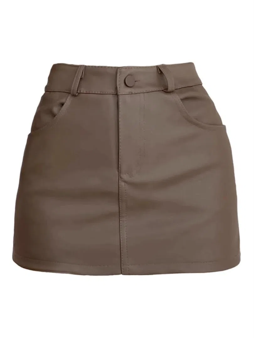Kelsiop Falda de piel sintética para mujer, cintura alta, minifalda, color negro y marrón, pantalones cortos para discoteca