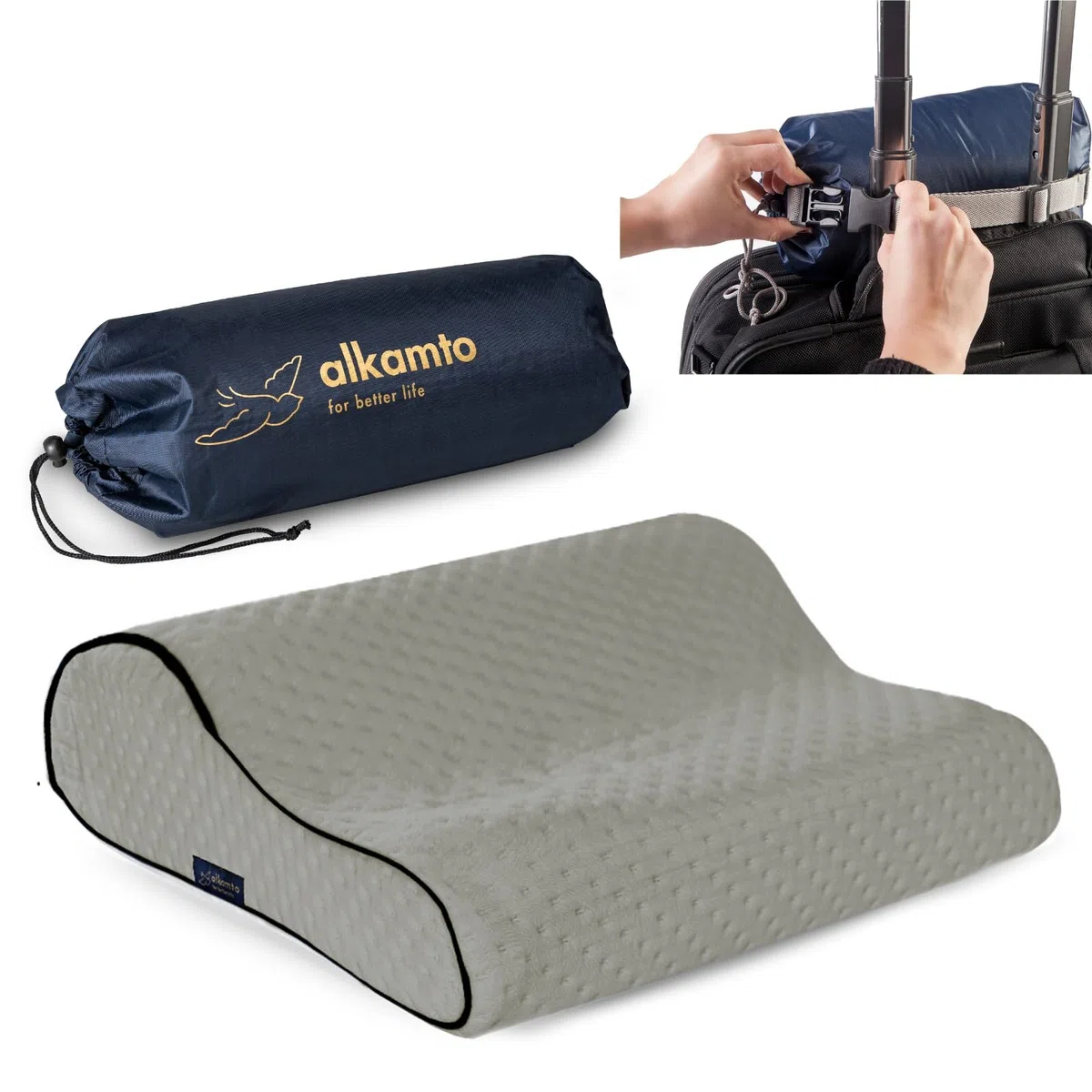 alkamto Almohada de viaje – Almohada ergonómica de espuma viscoelástica para acampar con funda de almohada que regula la temperatura, incluye bolsa de transporte impermeable (gris, 35 x 30 x 10/8 cm)