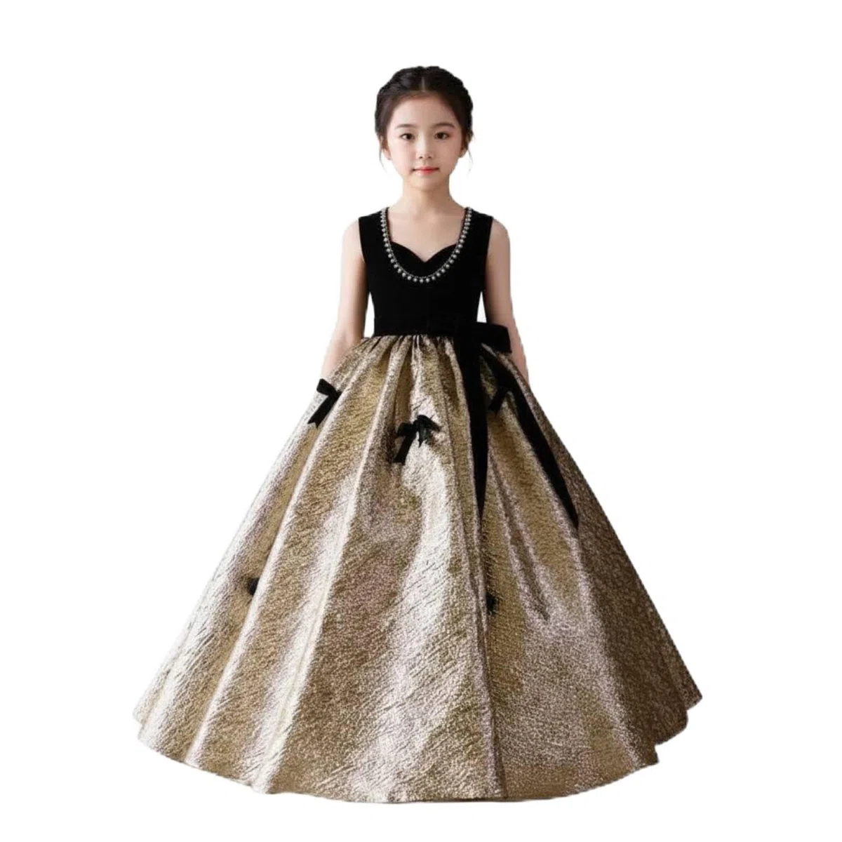 Vestido de Fiesta Negro y Dorado Faldón Dorada Brillante Vestido de Actuación Teclado Estilo Elegante Ropa Infantil para Niñas