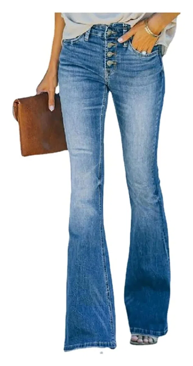Jeans De Pierna Acampanada Cintura Alta Con Botones Vintage De Los Años 90, Pantalones De Pierna Ancha Tiro Alto Jeans De Mezclilla Azules Elásticos, Classic Pull-On Stretch Denim Bell Bottom Vaqueros