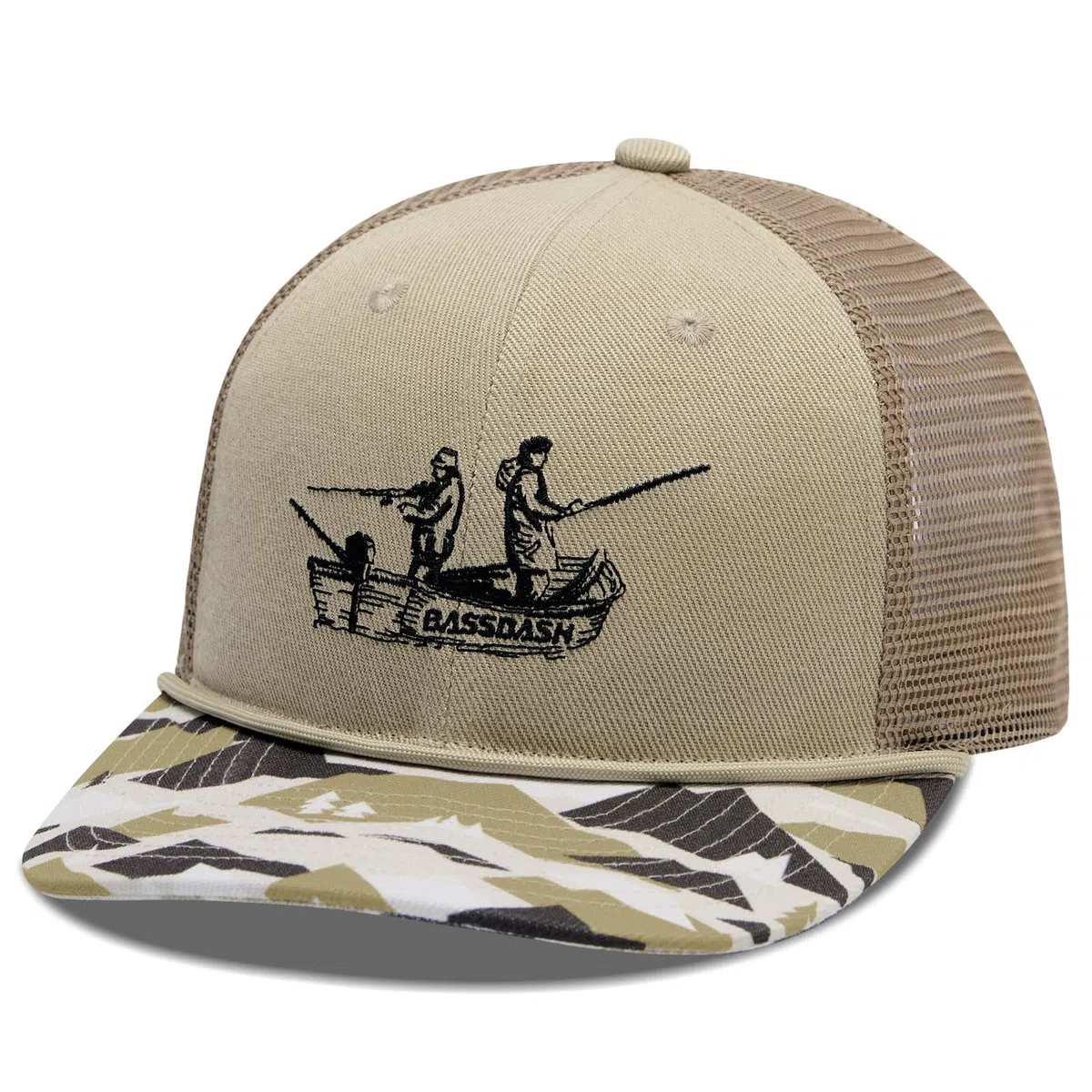 BASSDASH Gorra de béisbol bordada ajustable con cuerda de camuflaje, parte trasera de malla, para caza, pesca con mosca, camping