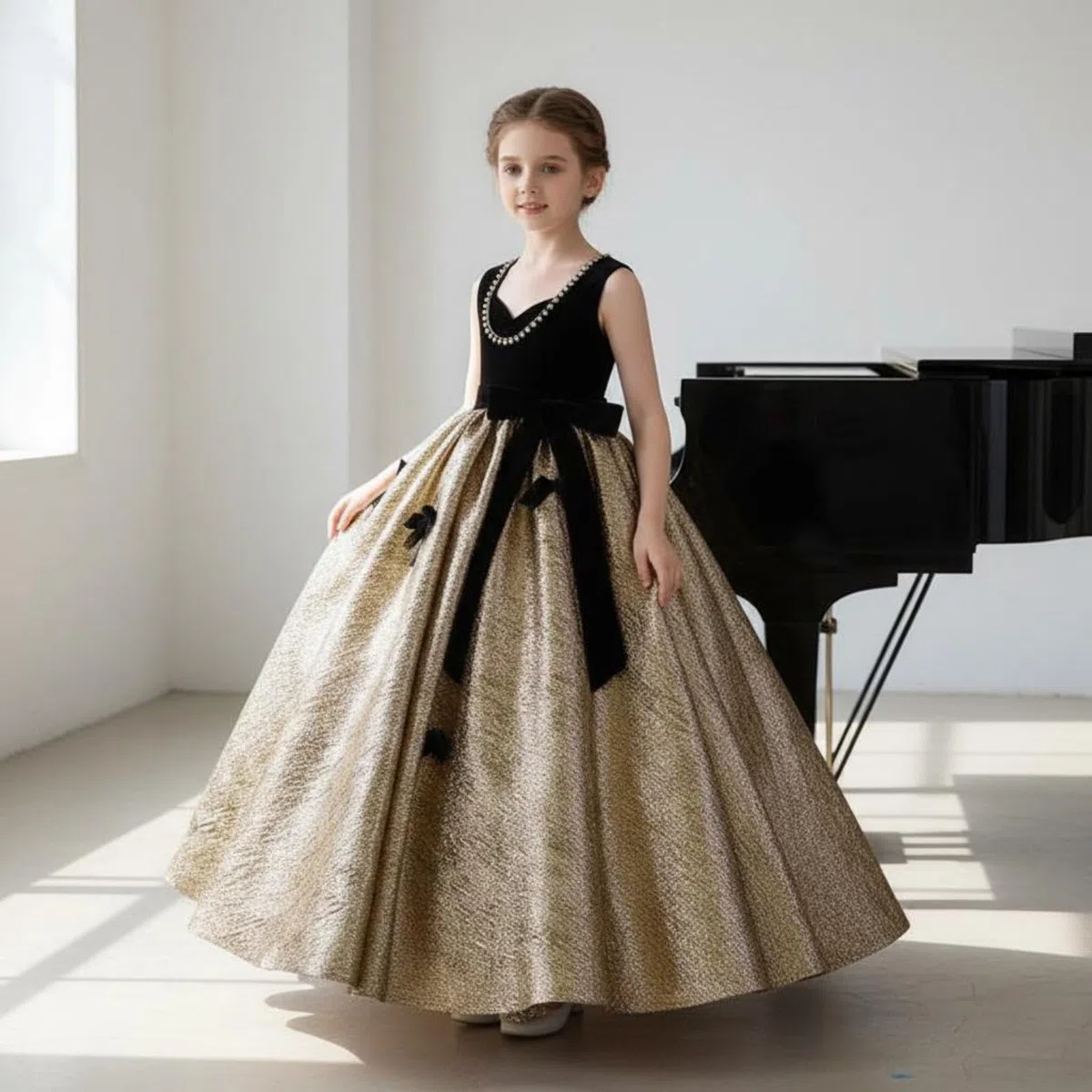 Vestido de Fiesta Negro y Dorado Faldón Dorada Brillante Vestido de Actuación Teclado Estilo Elegante Ropa Infantil para Niñas