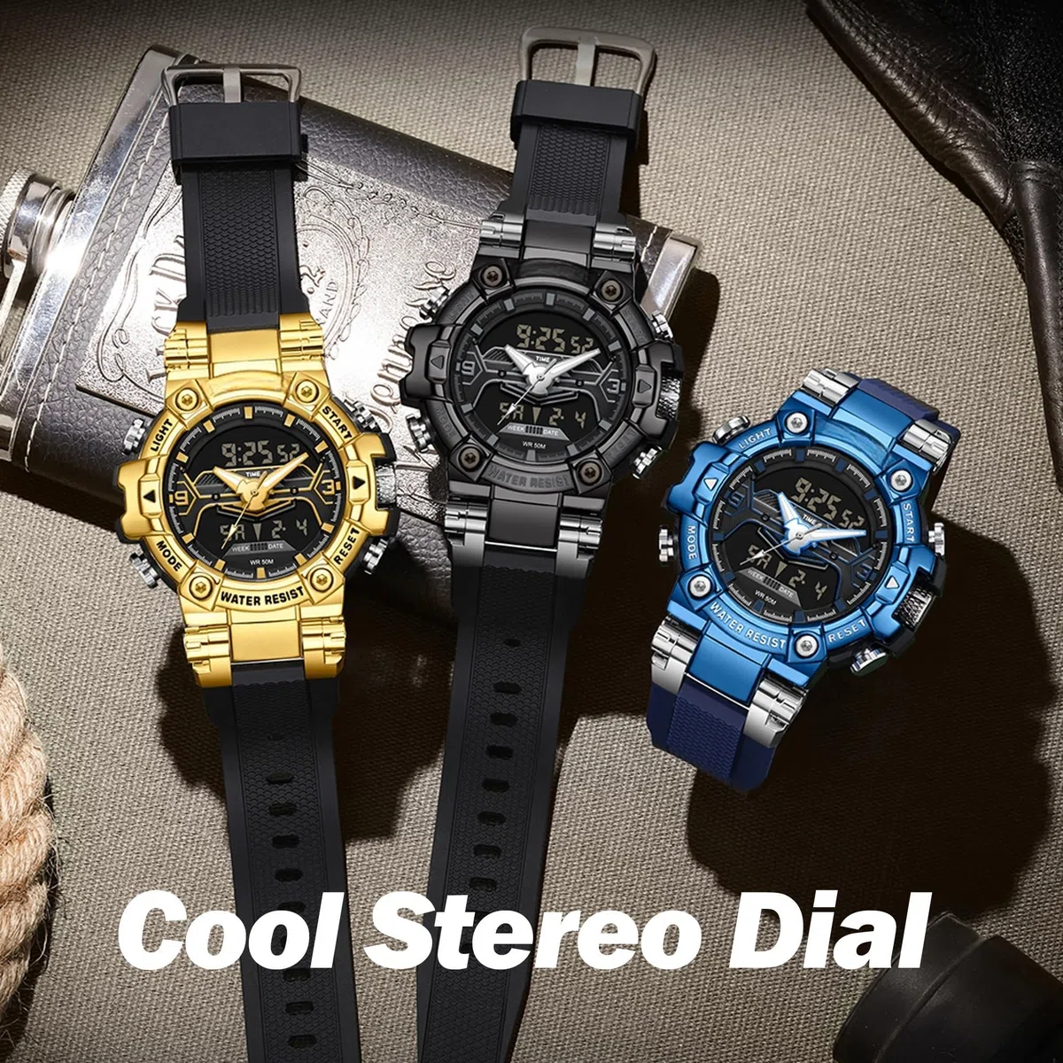 findtime Relojes digitales militares para hombre, reloj deportivo resistente al agua, esfera grande, retroiluminación LED, reloj de pulsera de 8 colores, cronómetro, alarma, reloj electrónico táctico