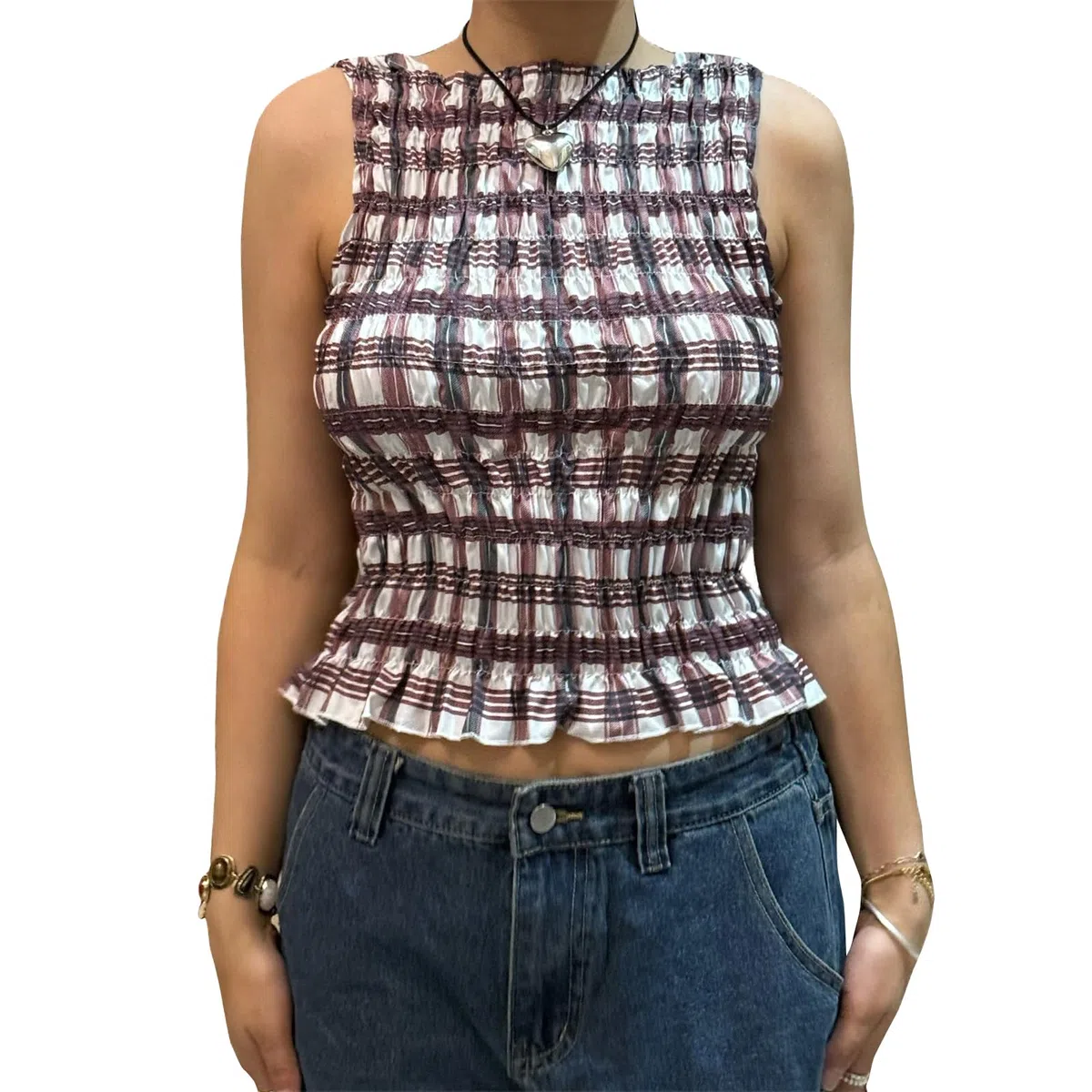 Sexy Outfit Camiseta sin Mangas con Cuello Barco y Dobladillo con Volantes para Mujer, Blusa de Verano Ajustada con Pliegues para Uso Diario Informal