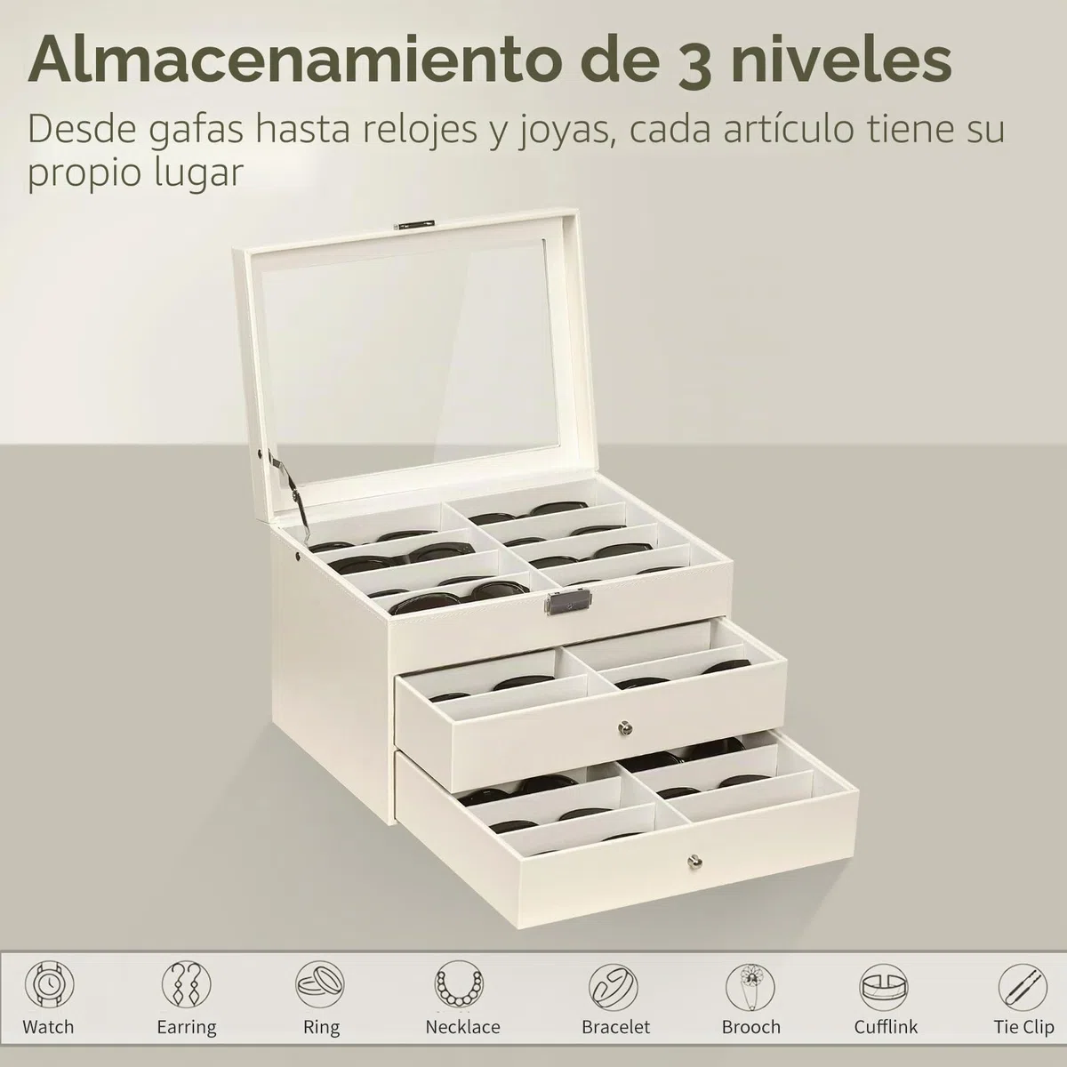 AUTOARK Tapa transparente de cuero,24 piezas,Almacenamiento para gafas y gafas de sol,Organizador con cerradura,Beige,MKAW047