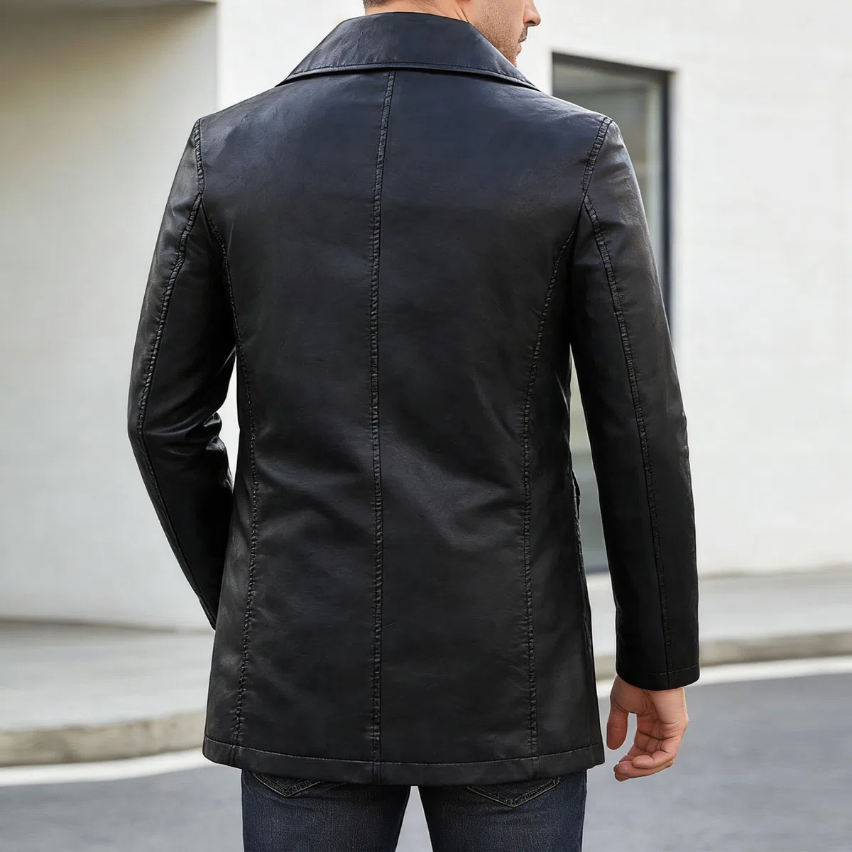 Chaqueta blazer cruzada de piel sintética para hombre, estilo motero, corte entallado, abrigo formal, elegante chaqueta de vestir.