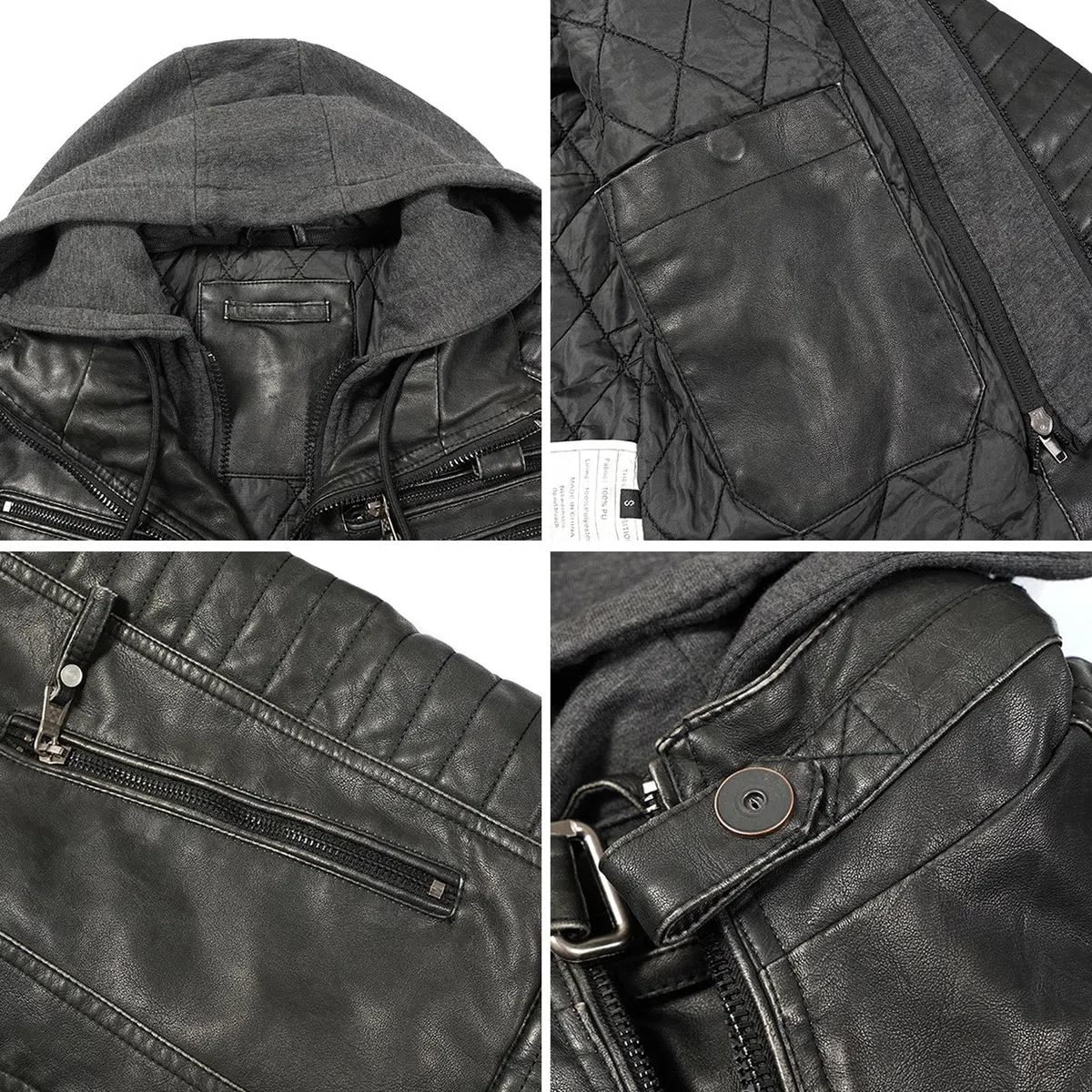 Chaqueta de motociclista retro de piel sintética para hombre, con cuello alto, cremallera y capucha extraíble, ropa abrigo informal