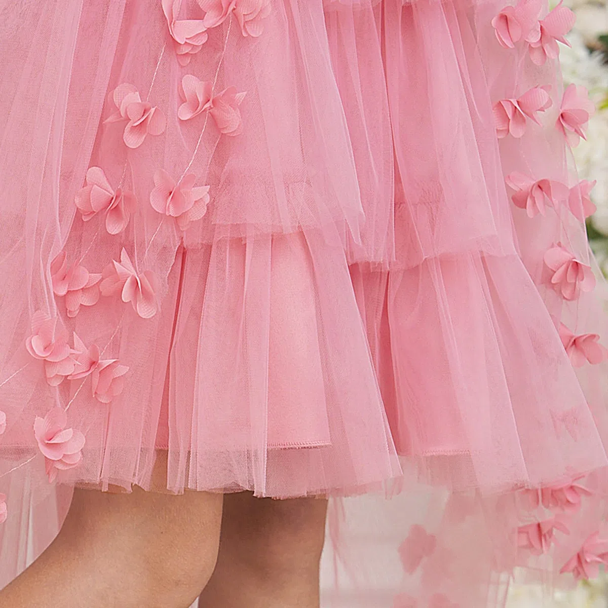 Vestidos para niñas: Elegante Vestido con Cola Floral 3D Fiesta Informal Edades de 7 a 12 años, Encaje, Ligero y Bordado, Ideal Uso Diario, Tendencia Infantil Estilo Casual # L