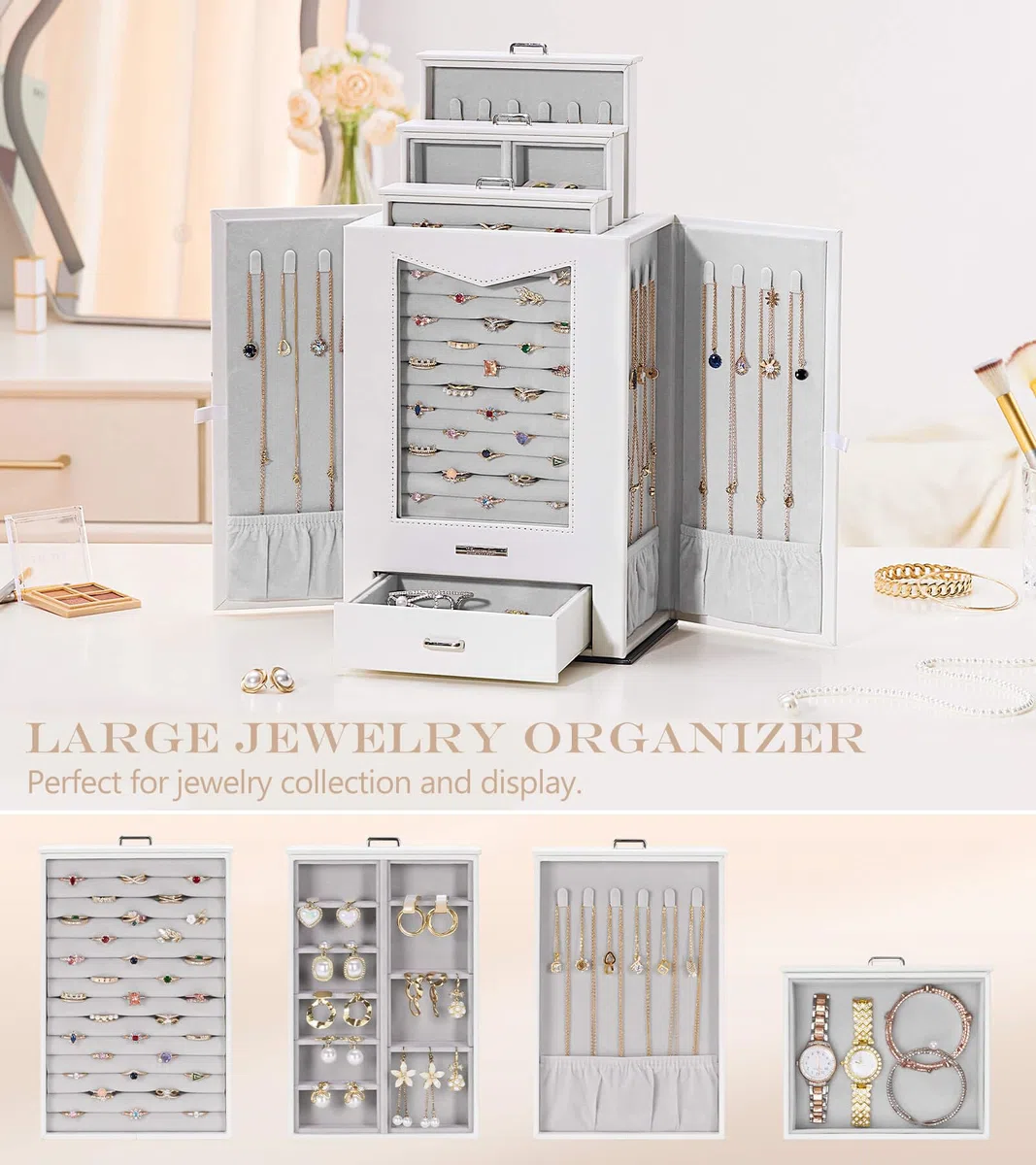 Homde Joyero con ventana de cristal real, collares, ganchos, joyero, armario para collares, anillos, pendientes, pulseras, regalo para mujeres, color blanco | Organiza collares, anillos, relojes y pendientes, mesa de tocador, ventana transparente y gancho