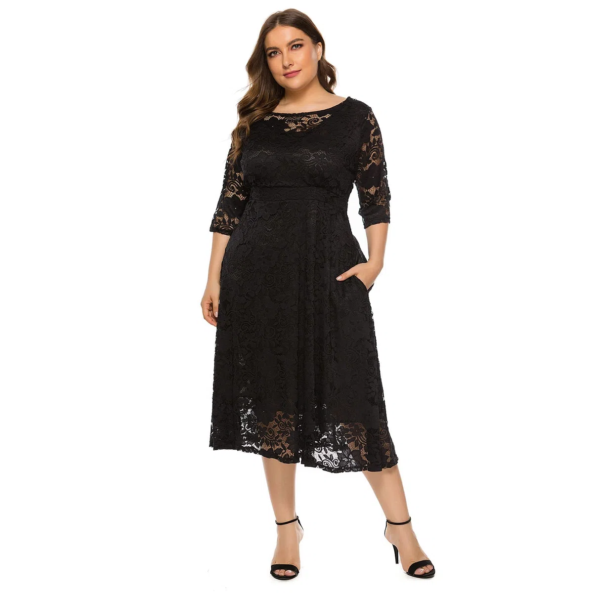 Odizli Vestido elegante de encaje para mujer, manga 3/4, vestido de noche, tallas grandes