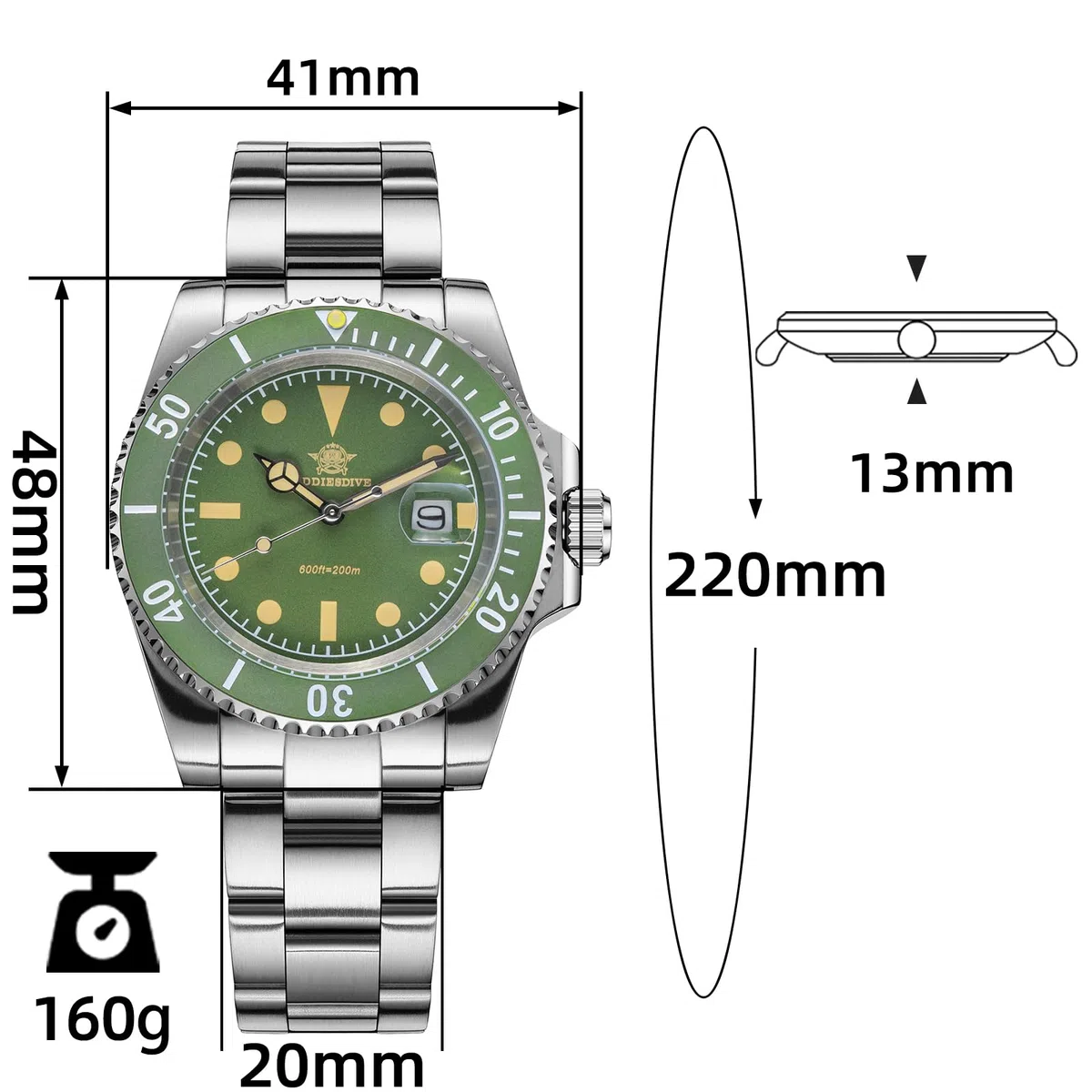 ADDIESDIVE Reloj de cuarzo para hombre de 41 mm, pulsera de acero inoxidable, reloj de buceo
