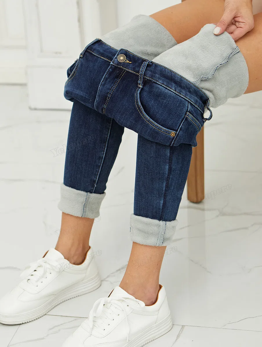 Yehopere - Pantalones vaqueros de invierno con forro polar para mujer, corte ajustado, cálidos, cintura alta, XS