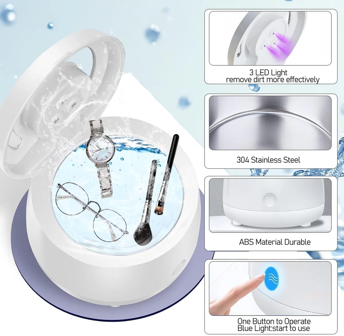 Limpiador ultrasónico para retenedores, protectores bucales, cabezales de cepillo de dientes, limpieza profunda de 3 minutos con un solo toque