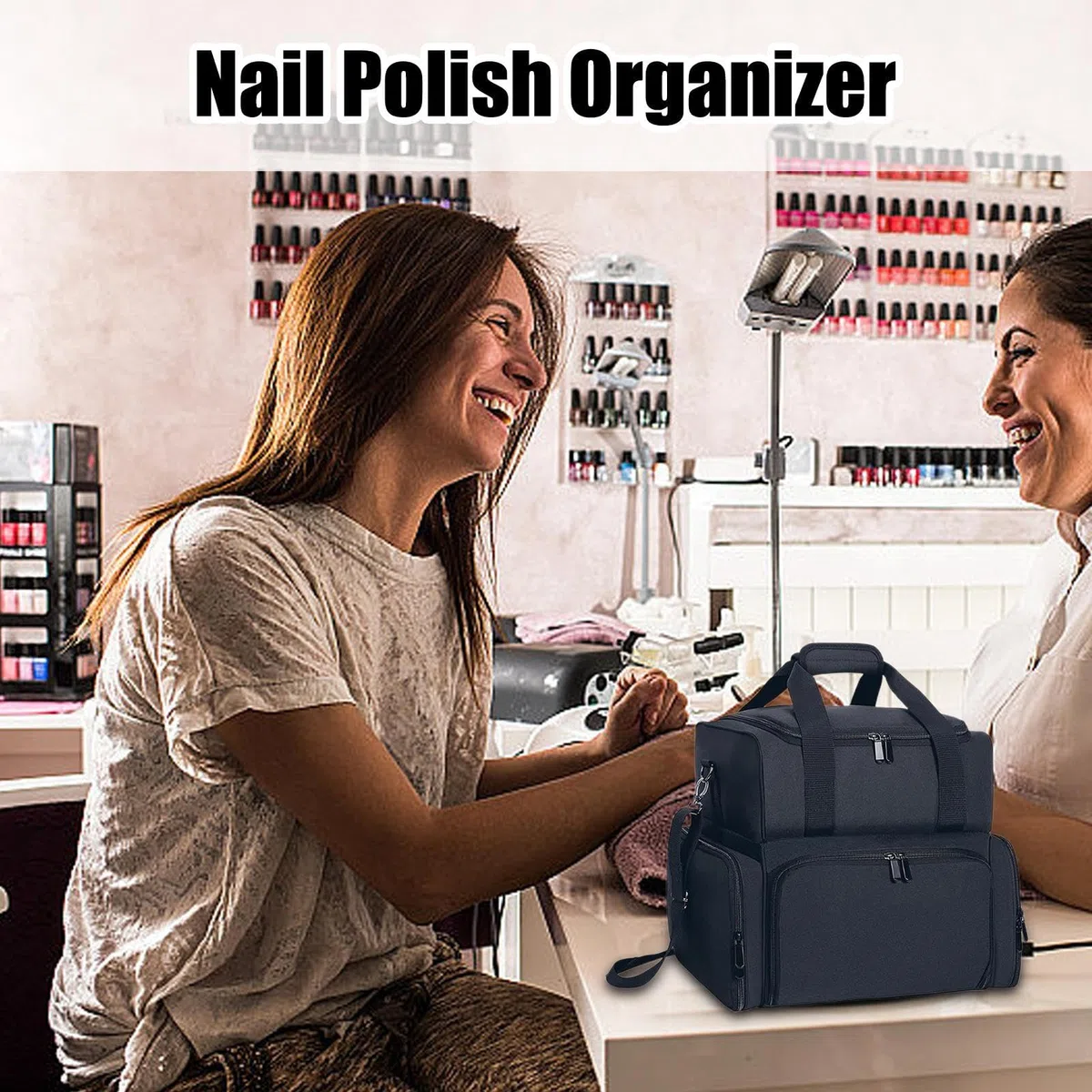 Bolsas de uñas para accesorios de uñas, organizador de esmalte de uñas, bolsa para | Juego de lámpara de uñas – Estuche de almacenamiento para 70 botellas con soporte y correa para el hombro para viajes