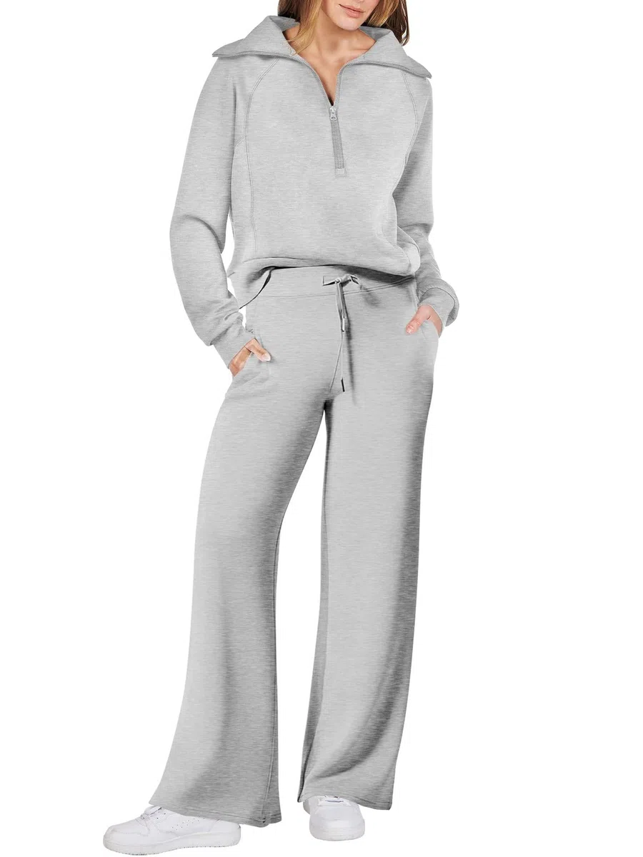 Conjunto de 2 piezas para mujer, conjunto de descanso a la moda de otoño con pantalones de pierna ancha y camiseta de manga larga, ropa de viaje al aeropuerto