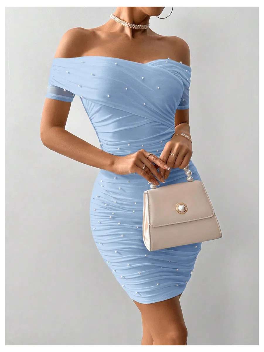 Floerns Vestido corto de manga corta con cuentas de perlas y hombros descubiertos para mujer, vestido de fiesta ajustado