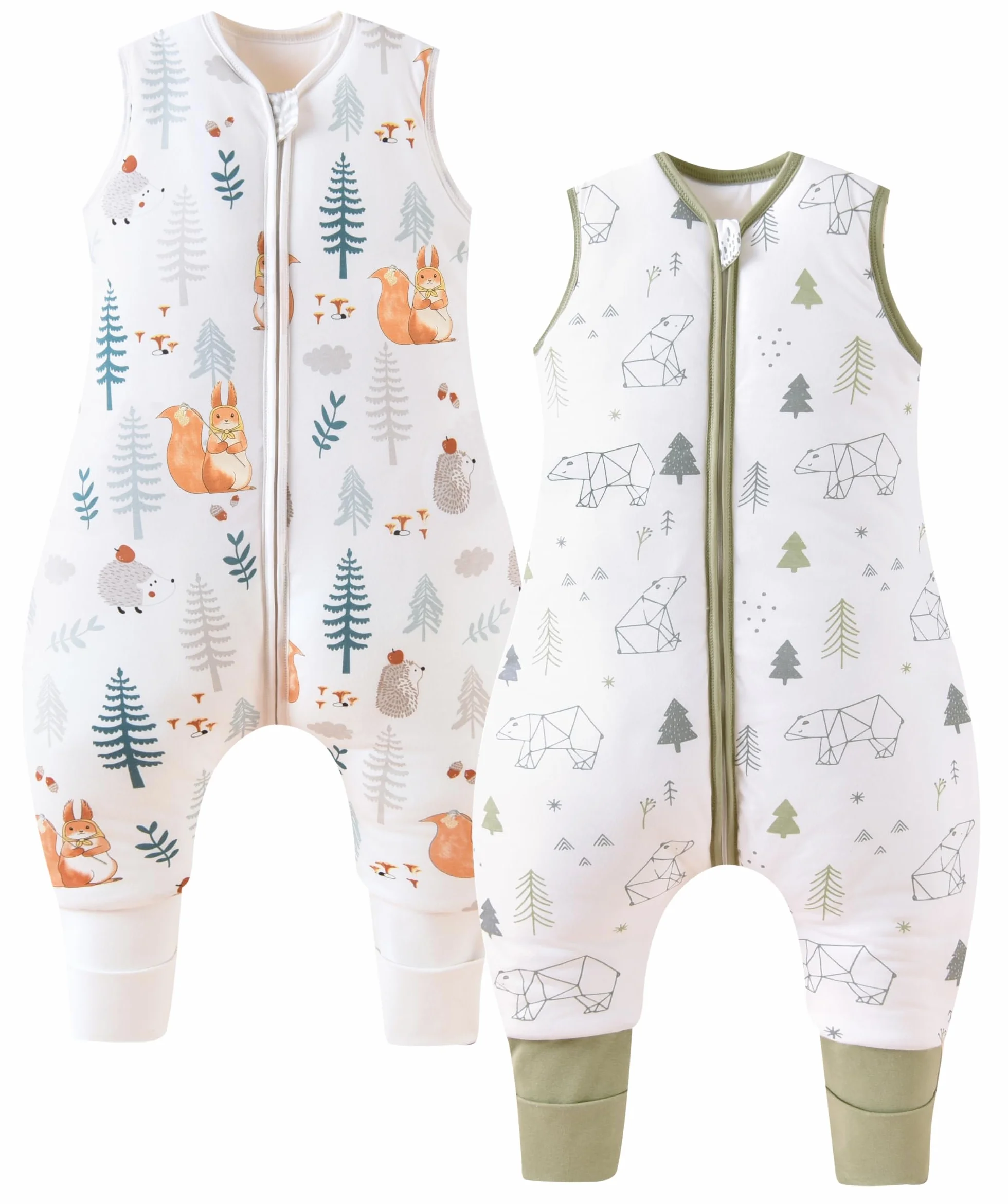 Chilsuessy Pack de 2 sacos de dormir para bebé con piernas 1,5 tog Saco de dormir 100% algodón Saco de dormir para todo el año con pies Saco de dormir para bebé Niños, 1,5 tog Ardilla + Oso pardo