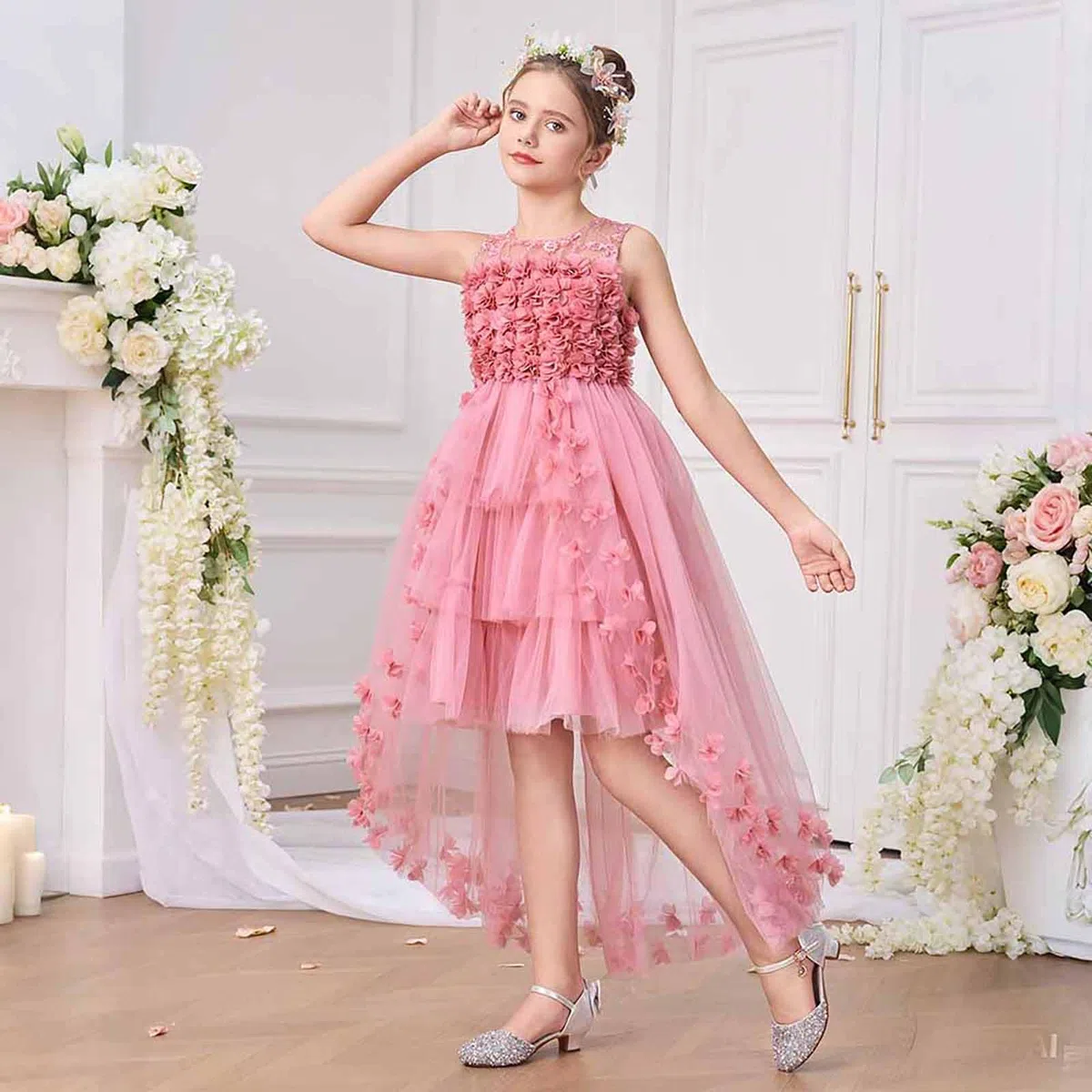 Vestidos para niñas: Elegante Vestido con Cola Floral 3D Fiesta Informal Edades de 7 a 12 años, Encaje, Ligero y Bordado, Ideal Uso Diario, Tendencia Infantil Estilo Casual # L