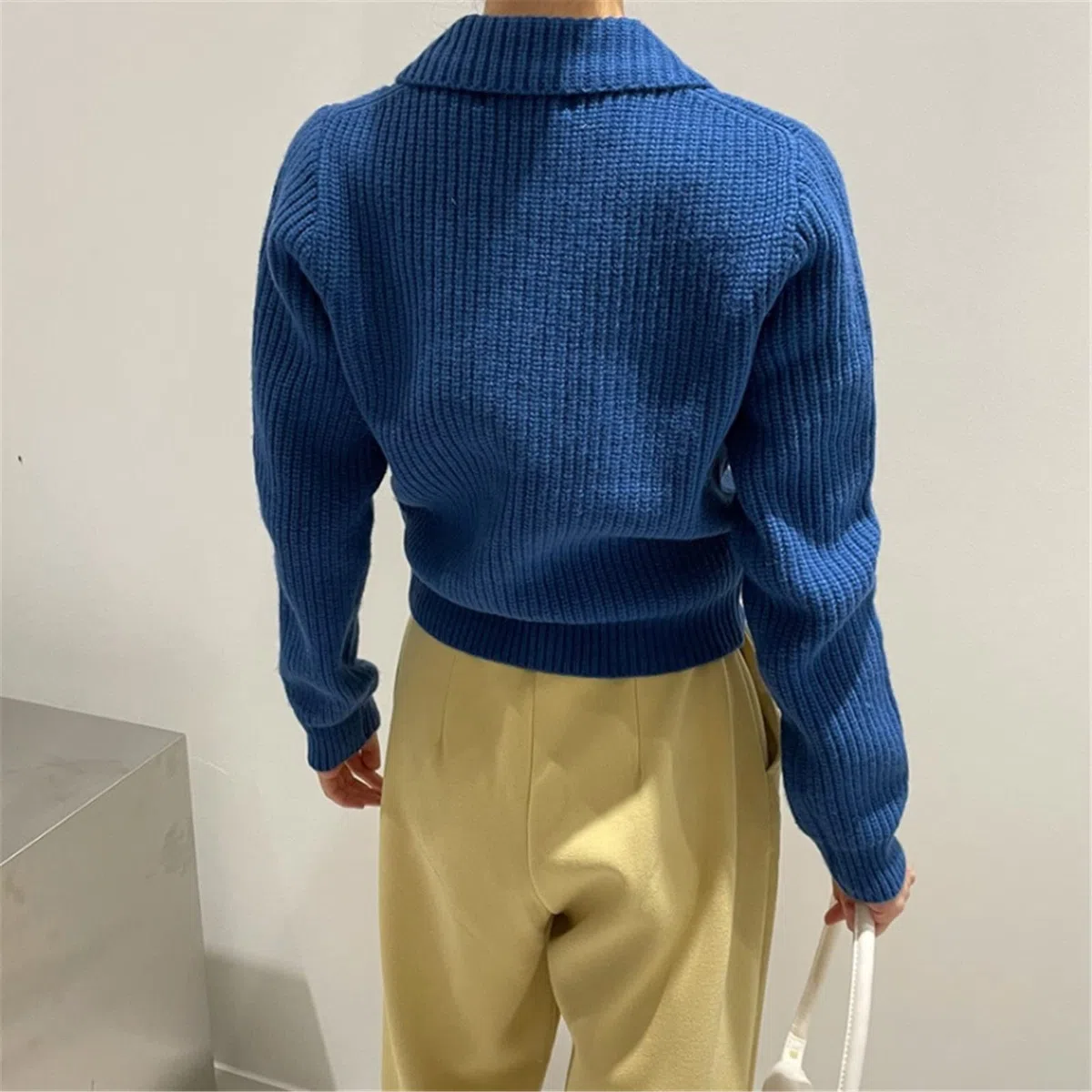 Otoño Invierno De Punto Cardigan Chic Doble Bolsillos Suéter Abrigo Slim Cintura Elegante Chaqueta De Punto, azul, Talla única