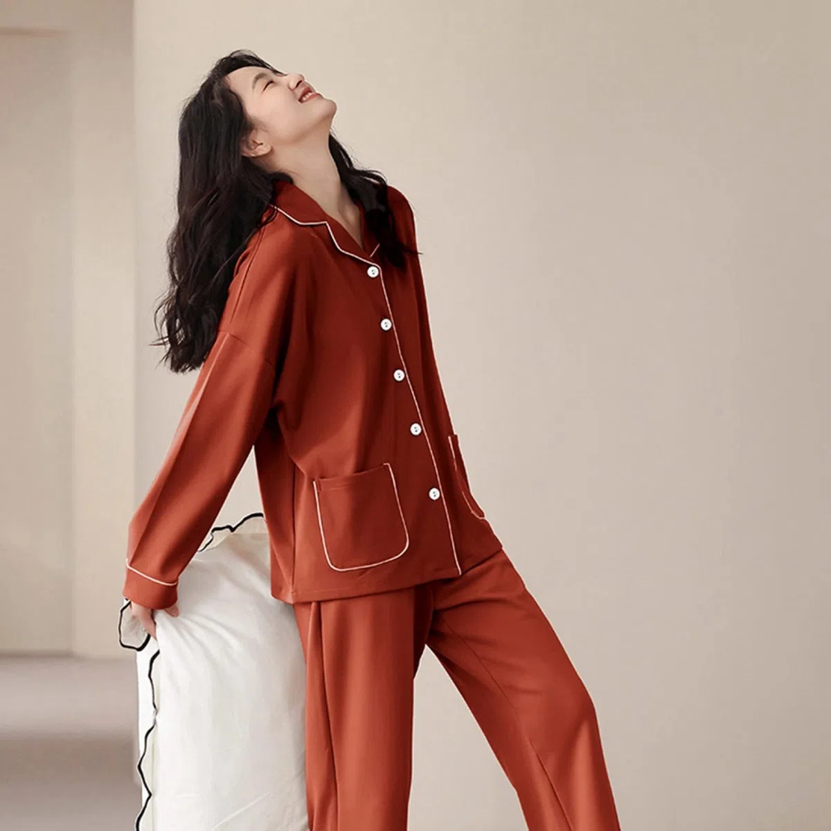 Pijamas de Franela de Invierno y otoño para Mujer y Hombre, Conjuntos de Pijama de 2 Piezas de algodón y otoño, de Moda, de Manga Larga y pantalón con Solapa Fina en Rojo óxido, ro