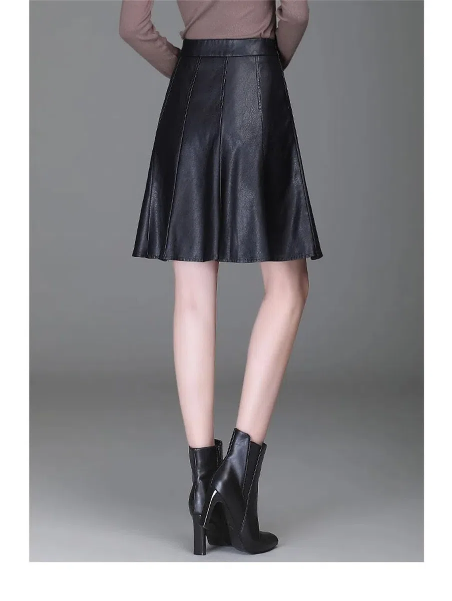 Falda corta de piel sintética para mujer, cintura alta, elegante, para oficina, falda acampanada