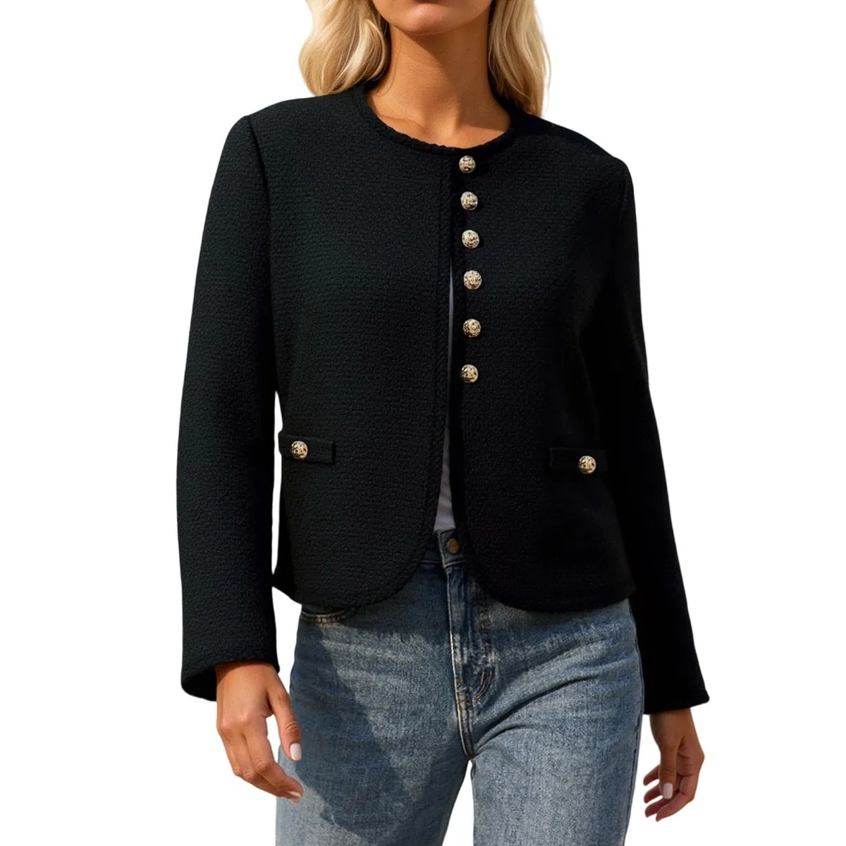 Chaqueta Informal Ligera de Cuello, cárdigan Corto con Botones metálicos clásicos para otoño, Mujer, Elegante, básica