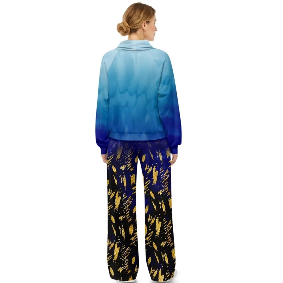Xoenoiee Conjunto deportivo de 2 piezas con estampado de teñido anudado azul para mujer, conjunto de chándal de moda para otoño, sudadera de manga larga y pantalones deportivos de pierna ancha a juego