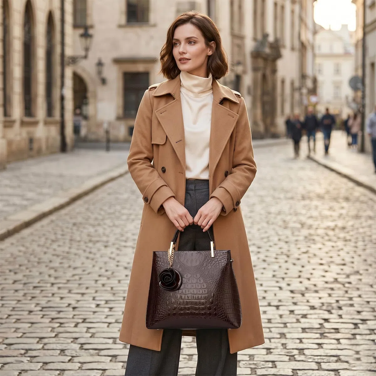 Bolsos de Mano con Bandolera en Cuero de Patente de PU para Mujer Bolso de Hombro Bolsos Bandolera Bolso de señora con Estampado de Piel de cocodrilo para Mamá Marrón