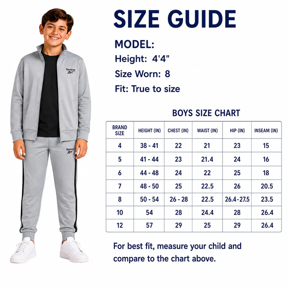 Reebok Conjunto deportivo de 3 piezas con chaqueta de punto con cremallera, camiseta y pantalones deportivos para niños
